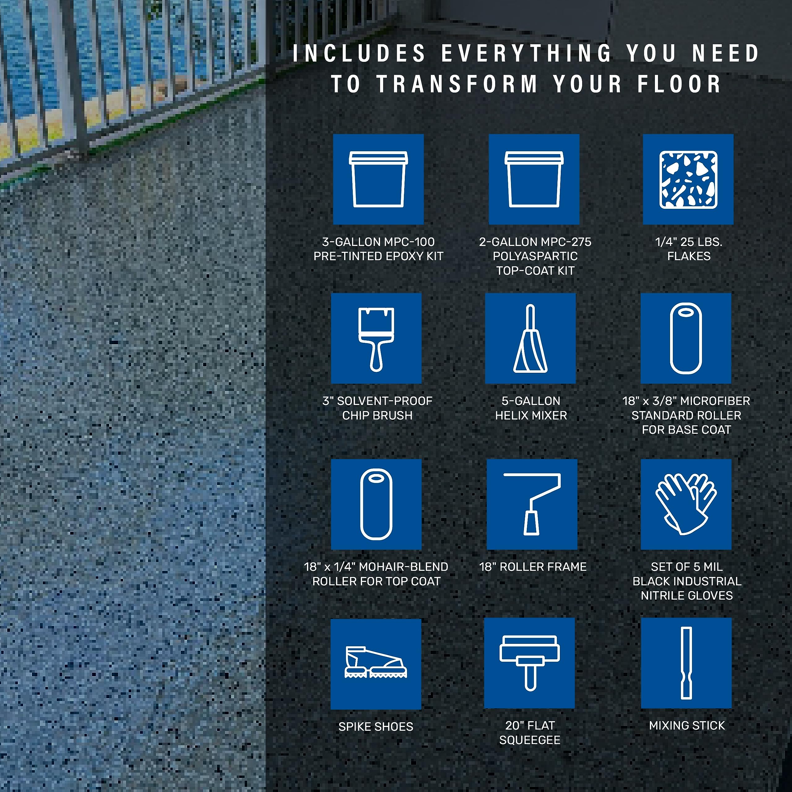 MPC Flake Floor Epoxy Resin Kit - 3 Gallon Basalt Flake System with Pre-Tinted Epoxy & Accessories for Industrial & Residential Flooring | DIY Garage, Basement & Concrete Floor Coating