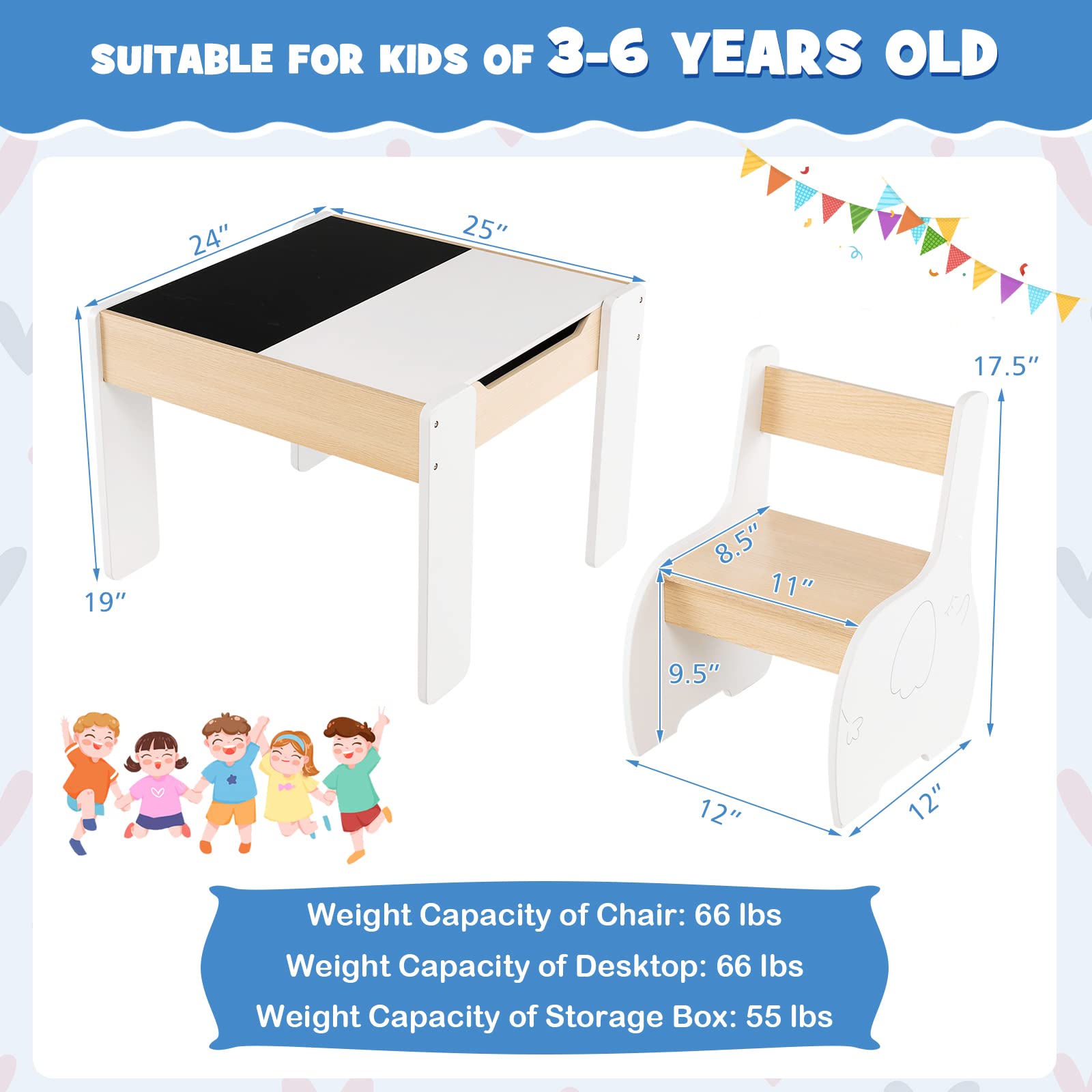 HONEY JOY 4-in-1 Kids Wooden Table and Chair Set with Storage - 2 Chairs, Reversible Blackboard & Activity Table for Art, Crafts, Learning - Toddler Furniture Gift for Boys & Girls (White) - Perfect for Playrooms, Preschools & Home Learning Spaces