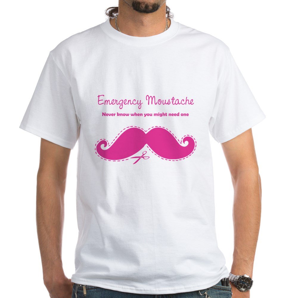 Emergency Moustache White Cotton T-Shirt for Men - Funny Novelty Graphic Tee for Parties, Costumes & Gag Gifts