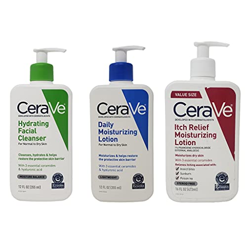 CeraVe Daily Skincare Bundle for Normal to Dry Skin - Hydrating Facial Cleanser (12 oz), Itch Relief Moisturizing Lotion (16 oz), Daily Moisturizing Lotion (12 oz) | Gentle Face Wash & Body Lotion Set for Dry, Sensitive Skin | Perfect for Morning & Night Skincare Routine