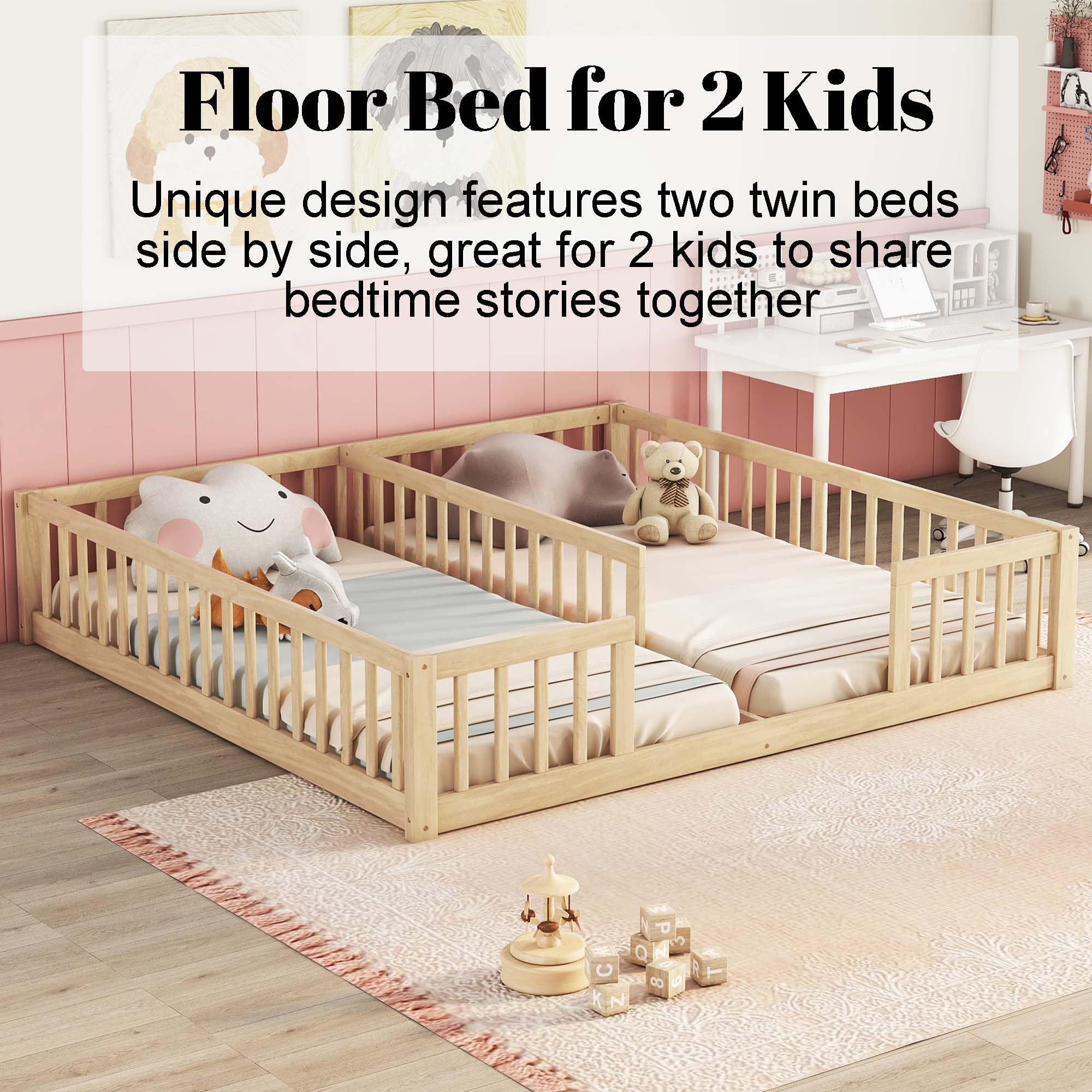 Montessori Floor Bed for 2 Kids - Wooden Twin Bed Frame with Safety Railings for Boys & Girls - Natural Solid Wood - Perfect for Shared Kids' Rooms & Montessori Learning Spaces