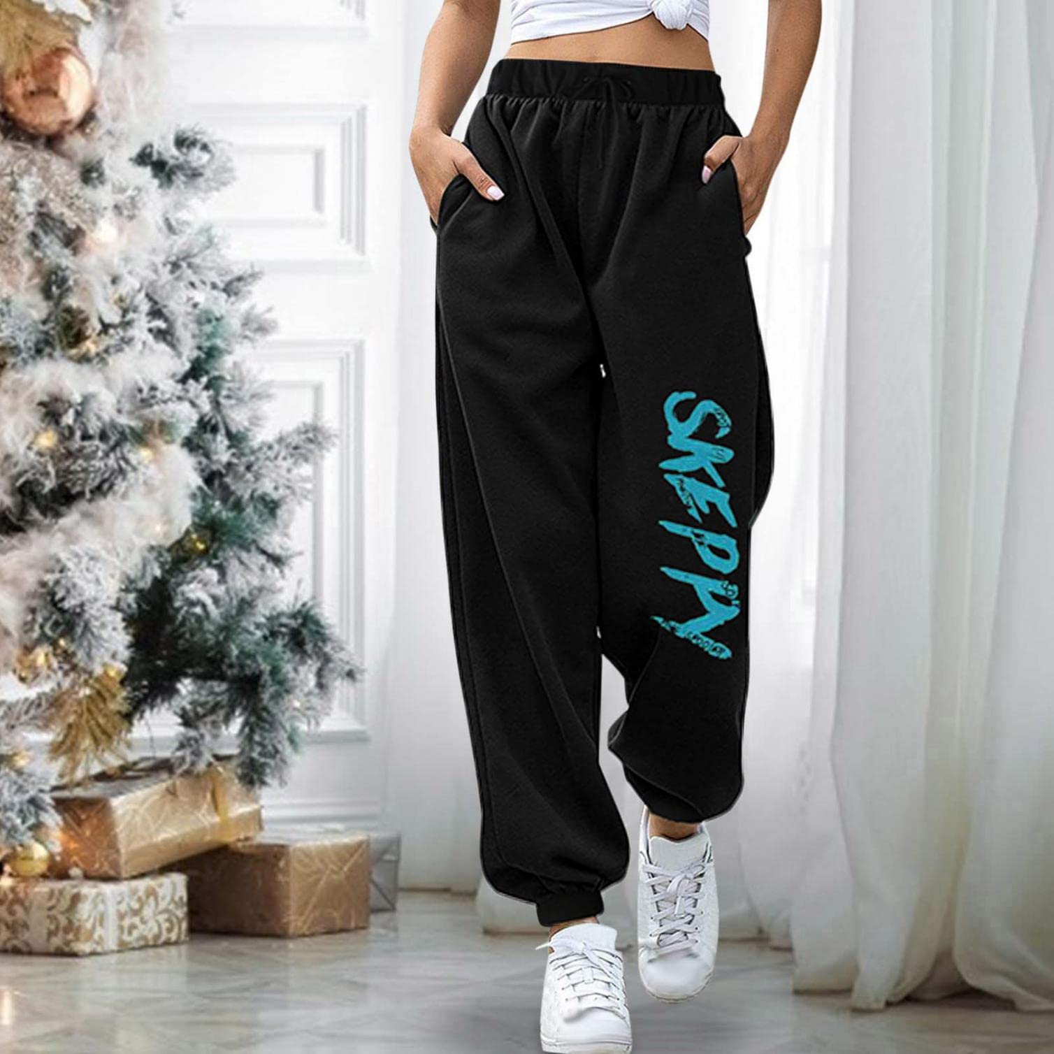 Women's Graphic Print Sweatpants Joggers - Elastic Waistband with Drawstring, Long Lounge Pants with Pockets for Yoga, Running & Casual Wear