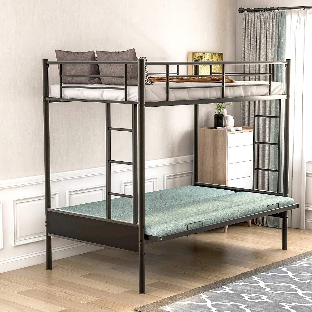 Rhomtree Convertible Metal Bunk Bed - Twin Over Futon or Full Size Loft Bed Frame with Ladder for Kids, Teens & Guests - Space-Saving Solution for Small Bedrooms, Dorms & Apartments - Black