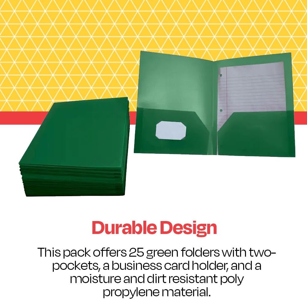 School Smart 2-Pocket Poly Folders, Green, Pack of 25 - Durable Plastic Folders for Classroom Organization, Homework, and Document Storage