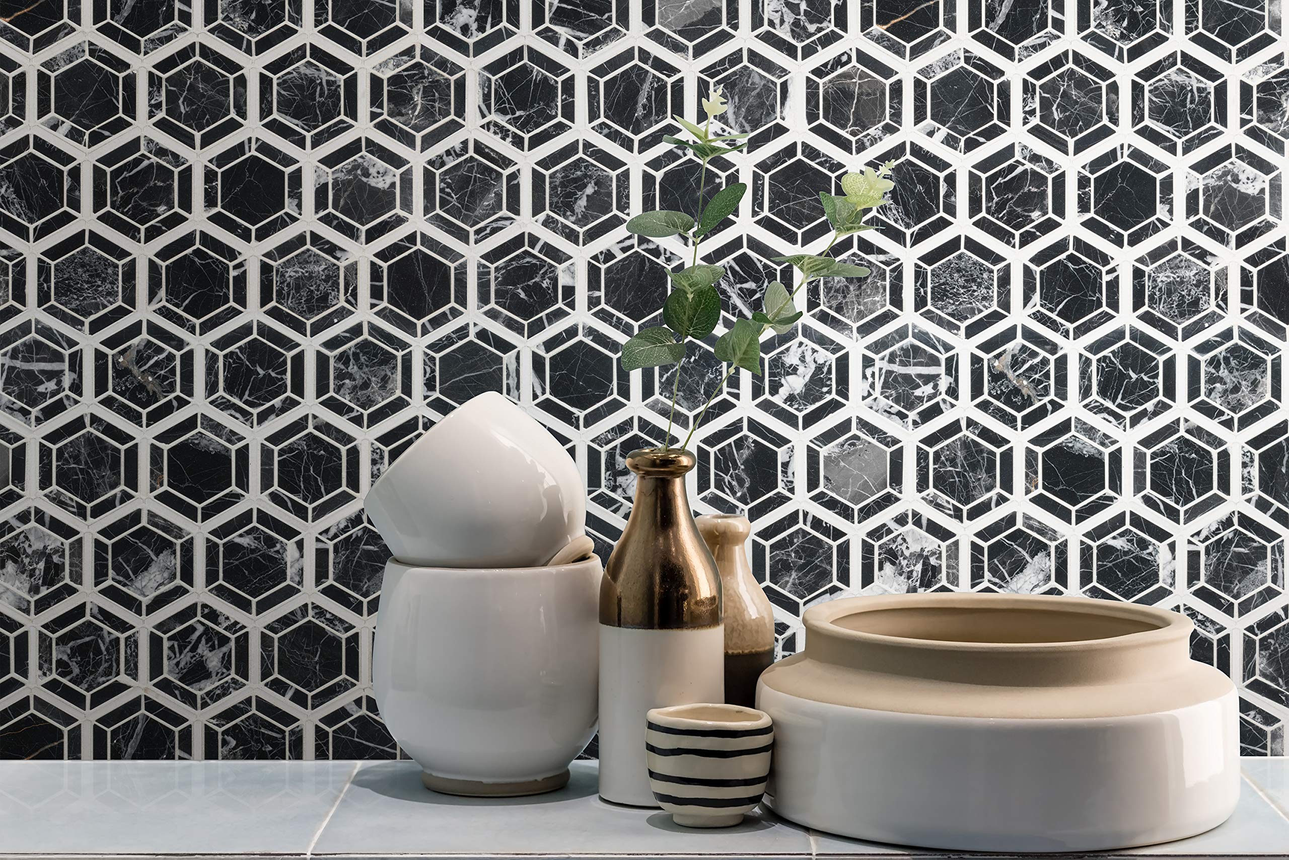 MSI Hexagono Nero 13.25 x 11.5 Inch Geometric Polished Marble Mesh-Mounted Mosaic Wall Tile - Black & White Hexagon Tile for Bathroom, Kitchen Backsplash, Flooring, and Countertops | Perfect for Modern Home Decor and Commercial Spaces