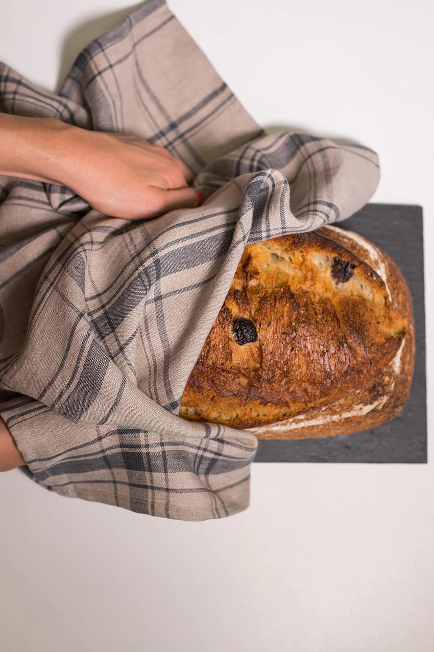 Premium Linen Tea Towels Set of 2 - Absorbent Pewter & Natural Plaid Kitchen Towels for Dish Drying, Hand Wiping & Home Decor
