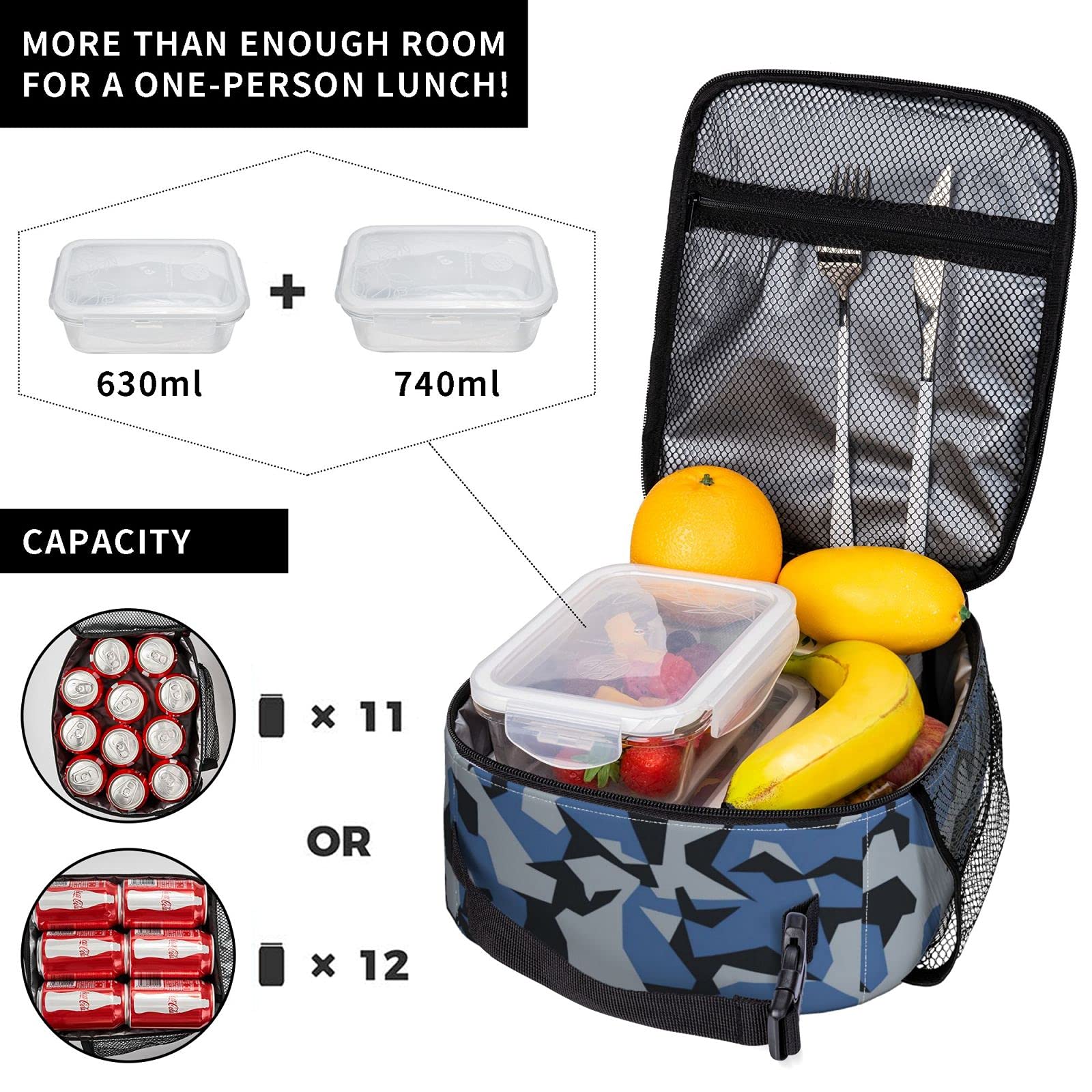 Blue Camo Insulated Lunch Bag - Reusable Leakproof Cooler for Men, Women & Kids | School, Office, Picnic, Beach & Outdoor Activities | Camouflage Lunch Box for Work & Travel