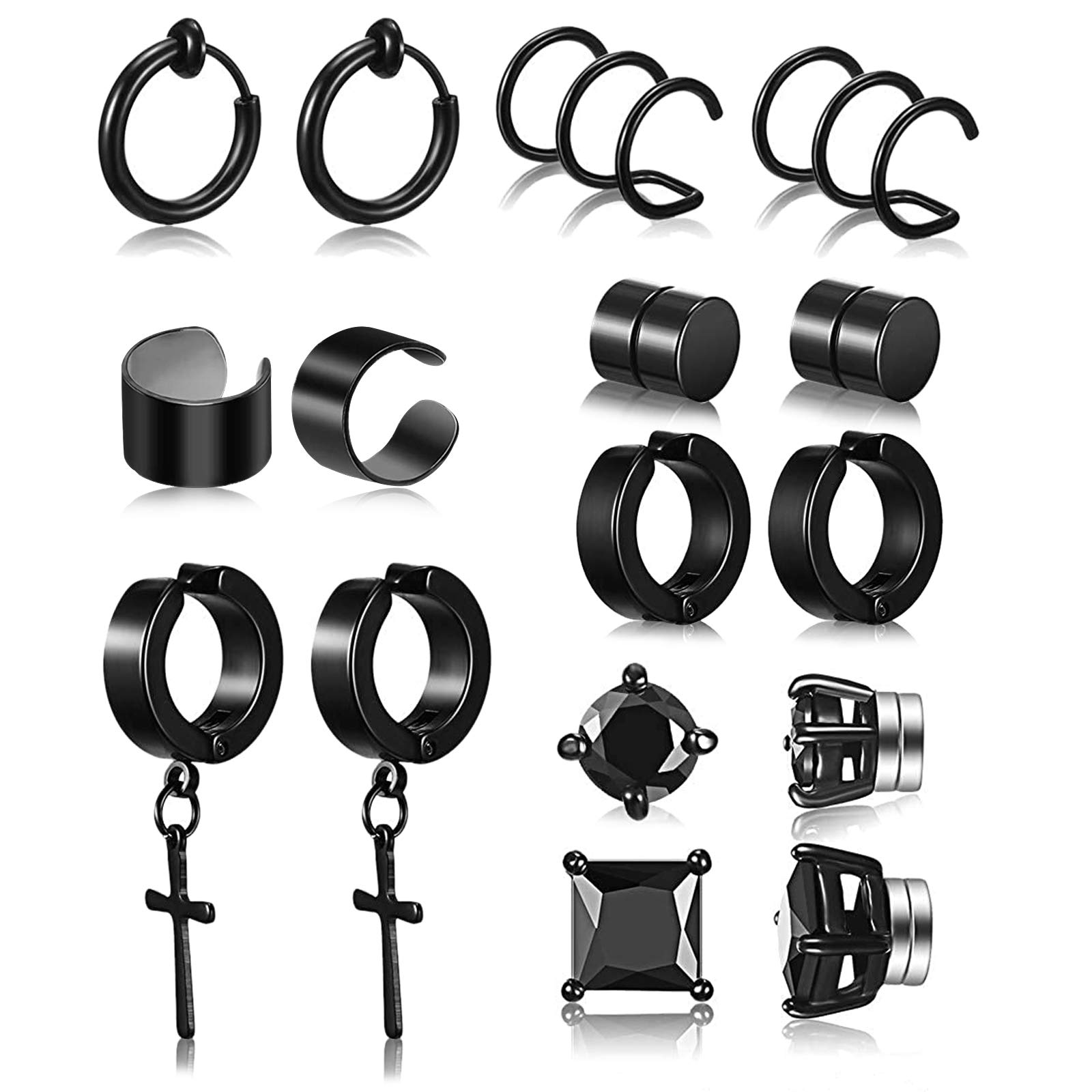 PROJEWE 8 Pairs Non-Piercing Magnetic Earrings - Cross & Dangle Hoop Fake Piercing CZ Studs | Hypoallergenic Stainless Steel Clip-On Earrings for Men & Women | Perfect for Work, Parties & Everyday Wear