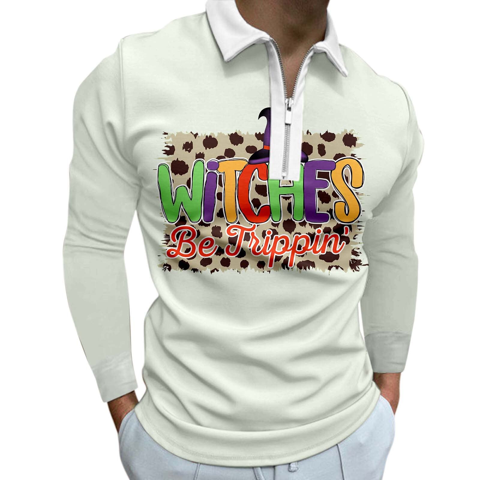 RTPR Men's Casual Halloween Print Long Sleeve T-Shirt with Zipper Turn Down Collar - Perfect for Halloween Parties, Cosplay, and Everyday Wear