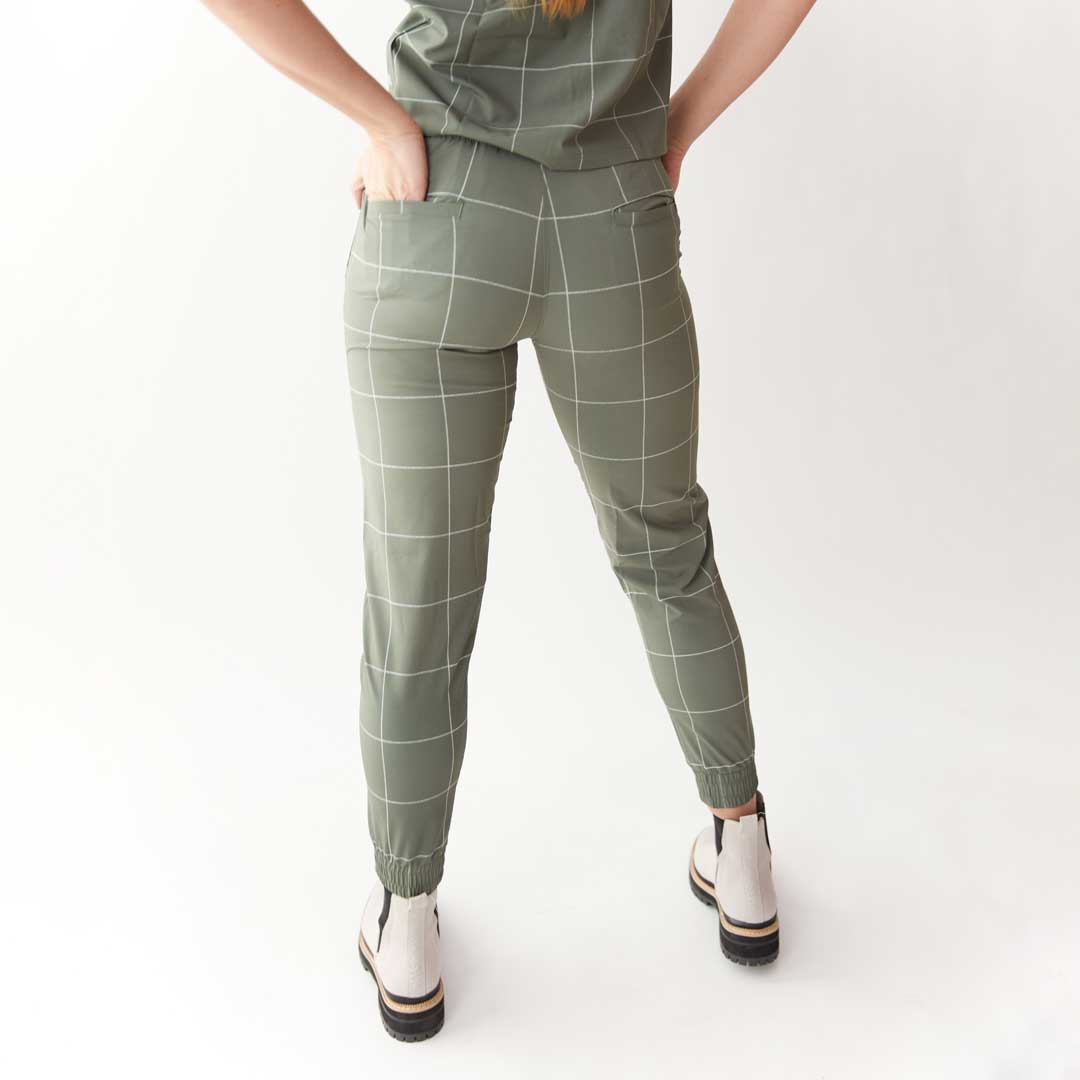 Destination Joggers for Women - Sage Windowpane Pattern Comfortable Lounge Pants - Perfect for Yoga, Running & Casual Wear
