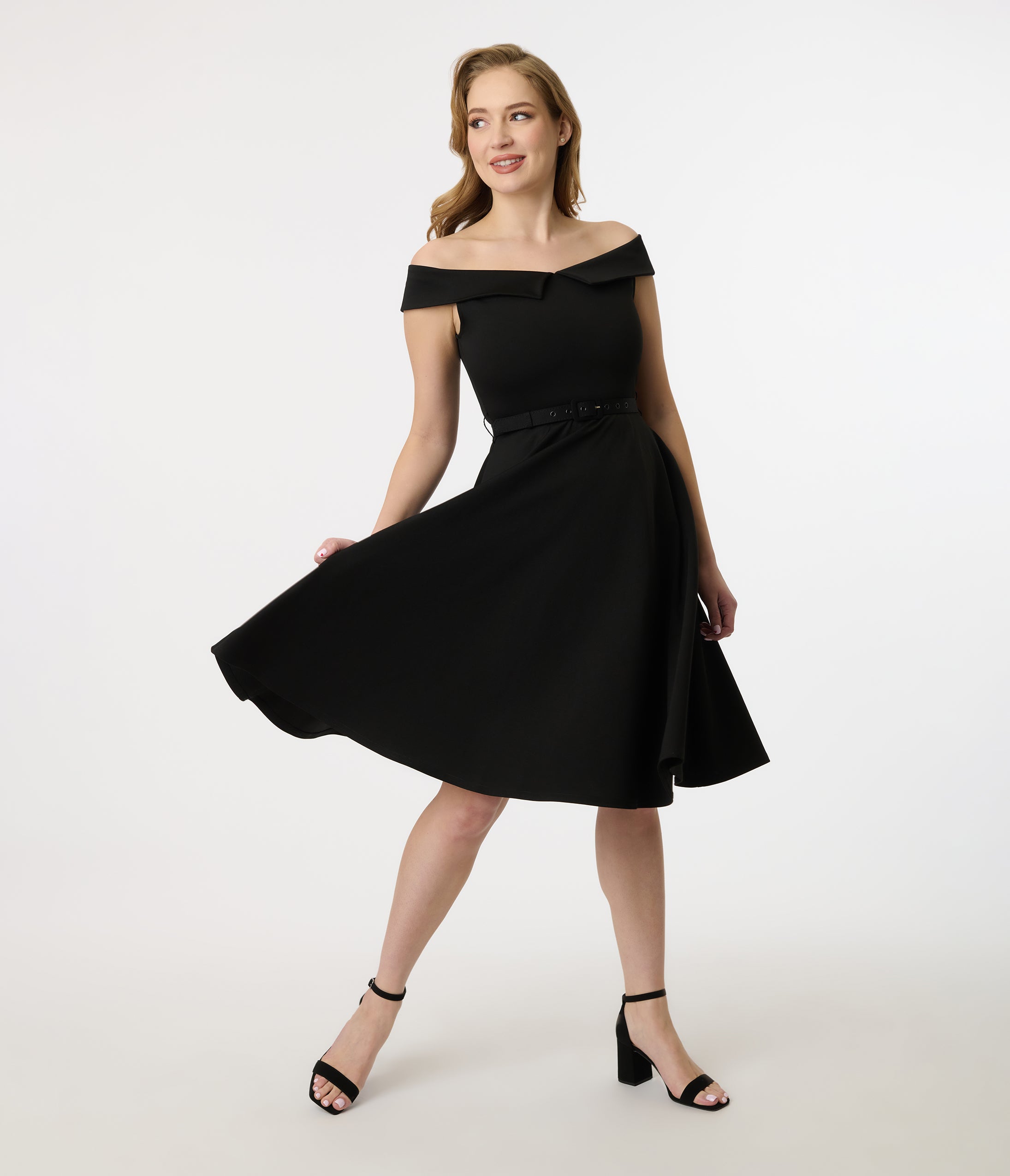 Vintage 1950s Black Off Shoulder Swing Dress - Retro Rockabilly Party Dress for Women, Perfect for Cocktail Parties, Weddings & Pinup Photoshoots