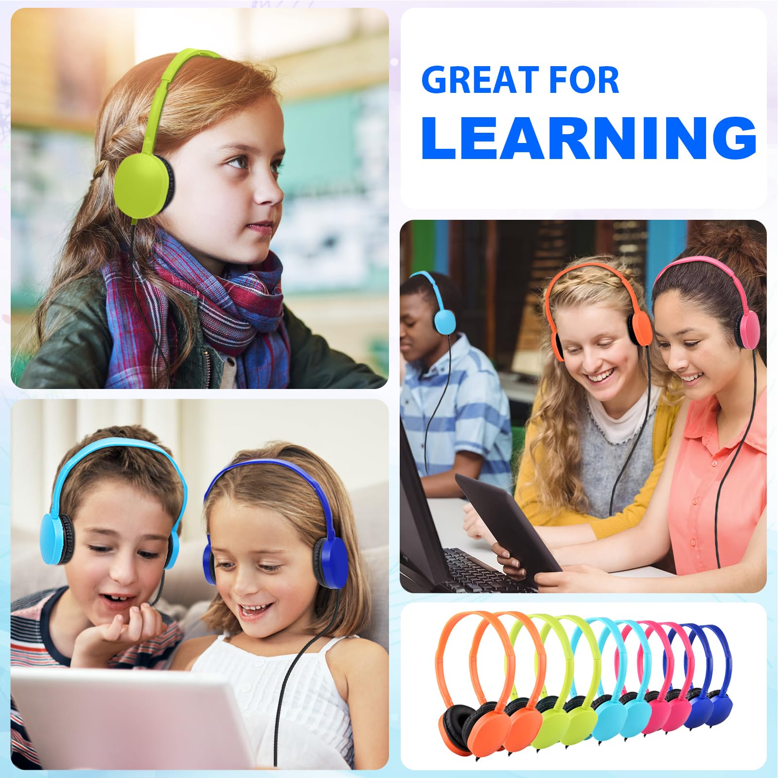 25 Pack Bulk Kids Headphones for Classroom & School - Adjustable On-Ear Headphones for Students, Children, Teens, Toddlers (PU102, Mixed Colors) - Perfect for Chromebook Use, Online Learning & Study Sessions