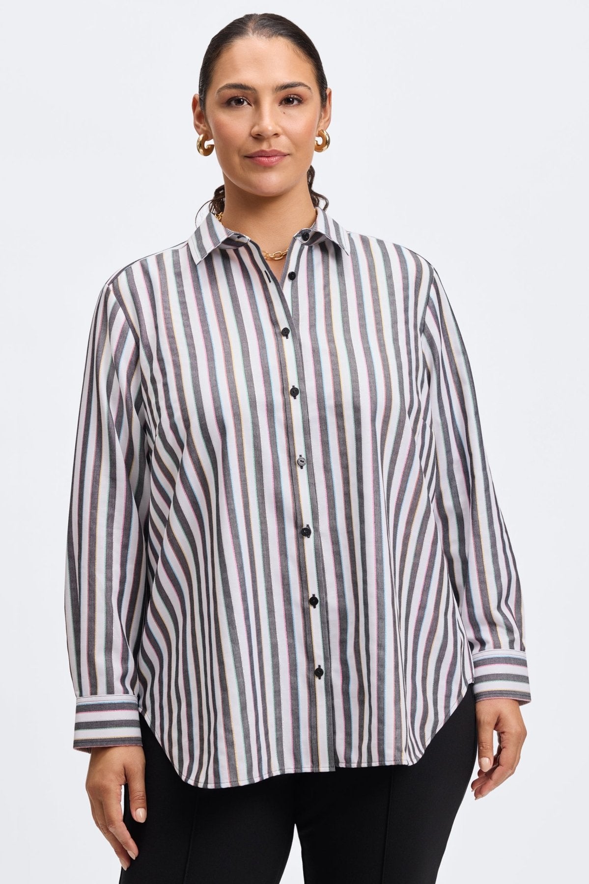 Stylish Boyfriend Plus Size Rainbow Lurex Stripe Long Sleeve Shirt for Women | Trendy Casual & Party Wear