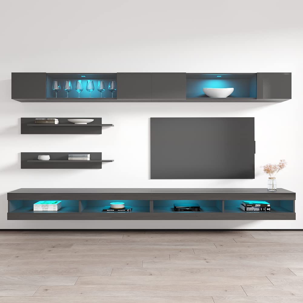 Modern Gray Wall-Mounted TV Stand with Storage Shelves & LED Lights - Floating Entertainment Center Console for Living Room & Bedroom - Perfect for Small Spaces & Home Theater Setup - Meble Furniture Fly I3 34