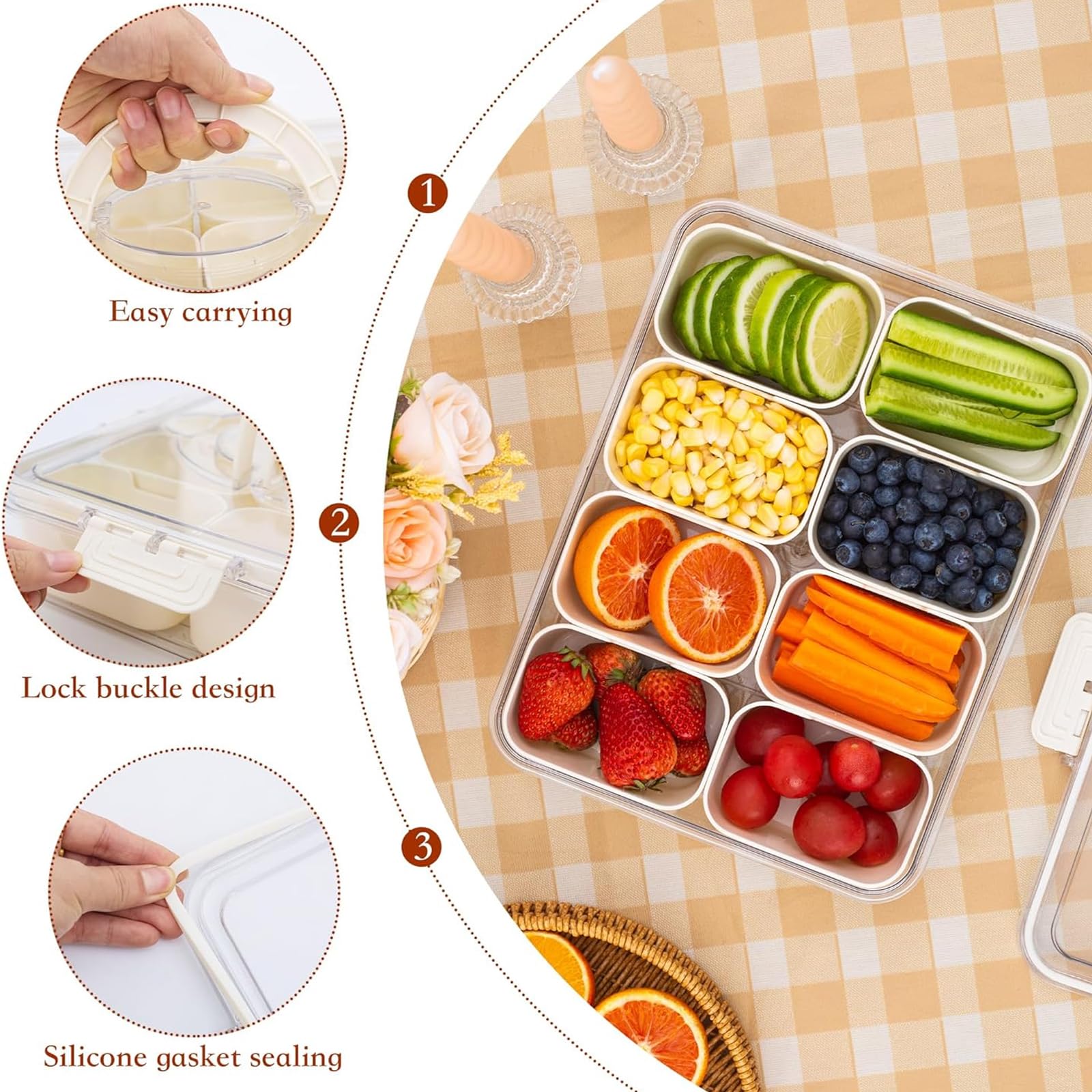 8-Compartment Divided Serving Tray with Lid & Handle - Clear Portable Snackle Box for Travel, Picnics & Parties - Perfect for Snacks, Fruits, Vegetables, Candy & Spices - BPA-Free Food Storage Container