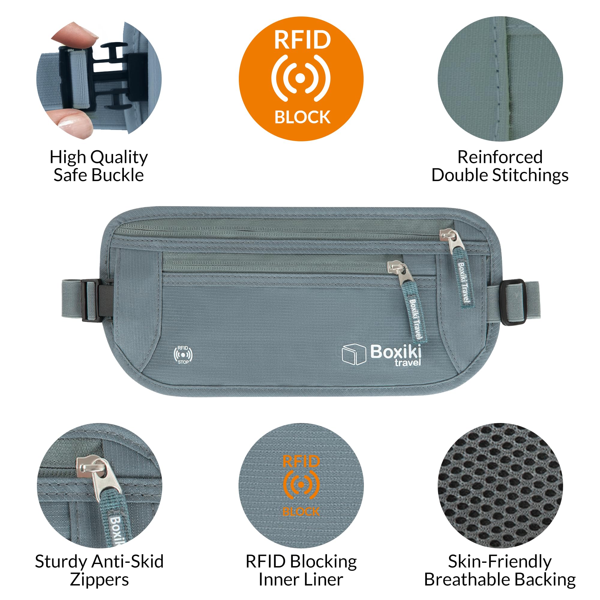 RFID Blocking Travel Money Belt - Secure Hidden Pouch for Cash, Credit Cards & Passport - Water Resistant Anti-Theft Waist Wallet for Men & Women (Gray) | Perfect for International Travel, Hiking & Daily Commute