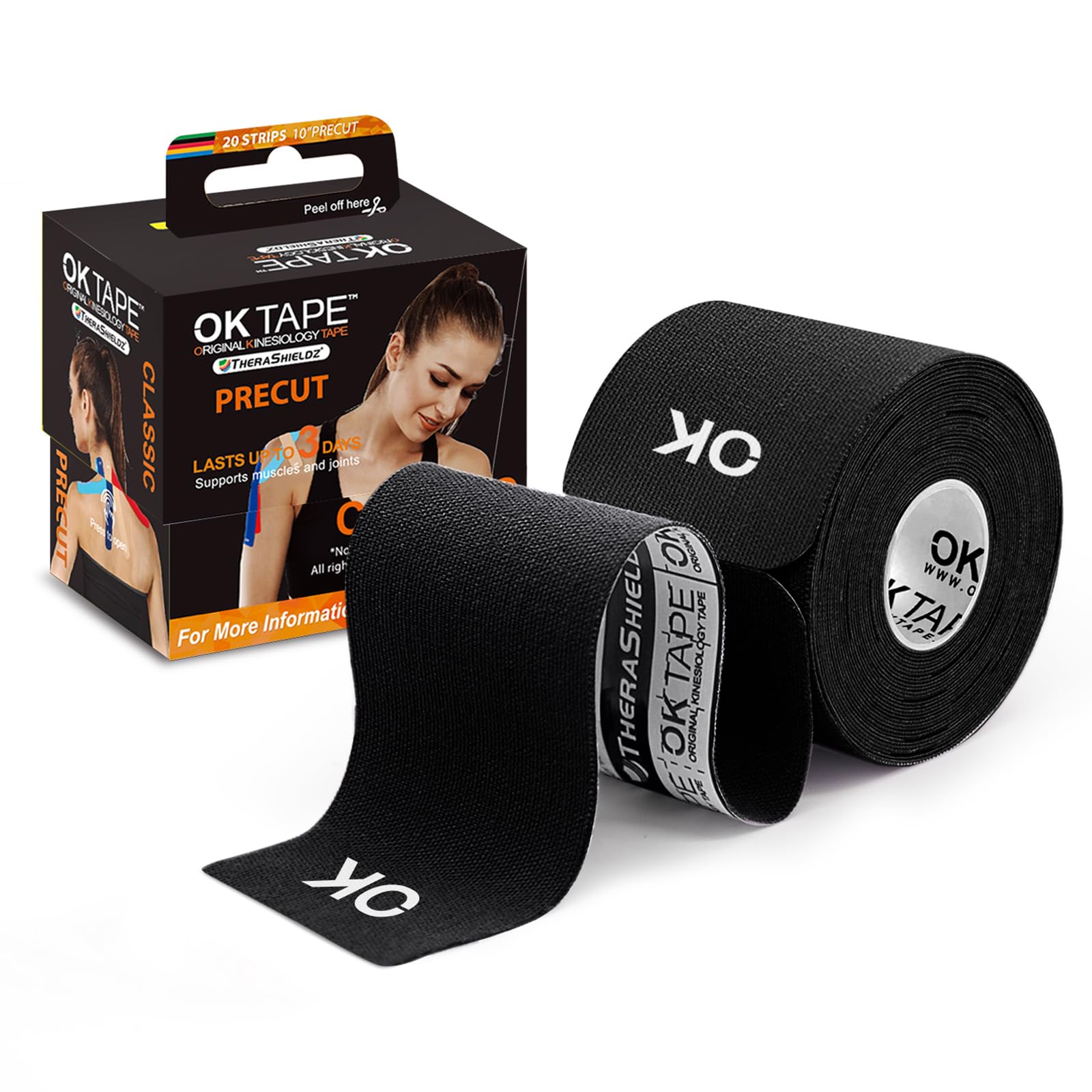 OK TAPE Kinesiology Tape - 10 Inches Precut, 20 Strips | Cotton Elastic Athletic Tape for Pain Relief & Muscle Support | Latex-Free, 2in x 16ft, Black | Ideal for Sports, Fitness & Physical Therapy