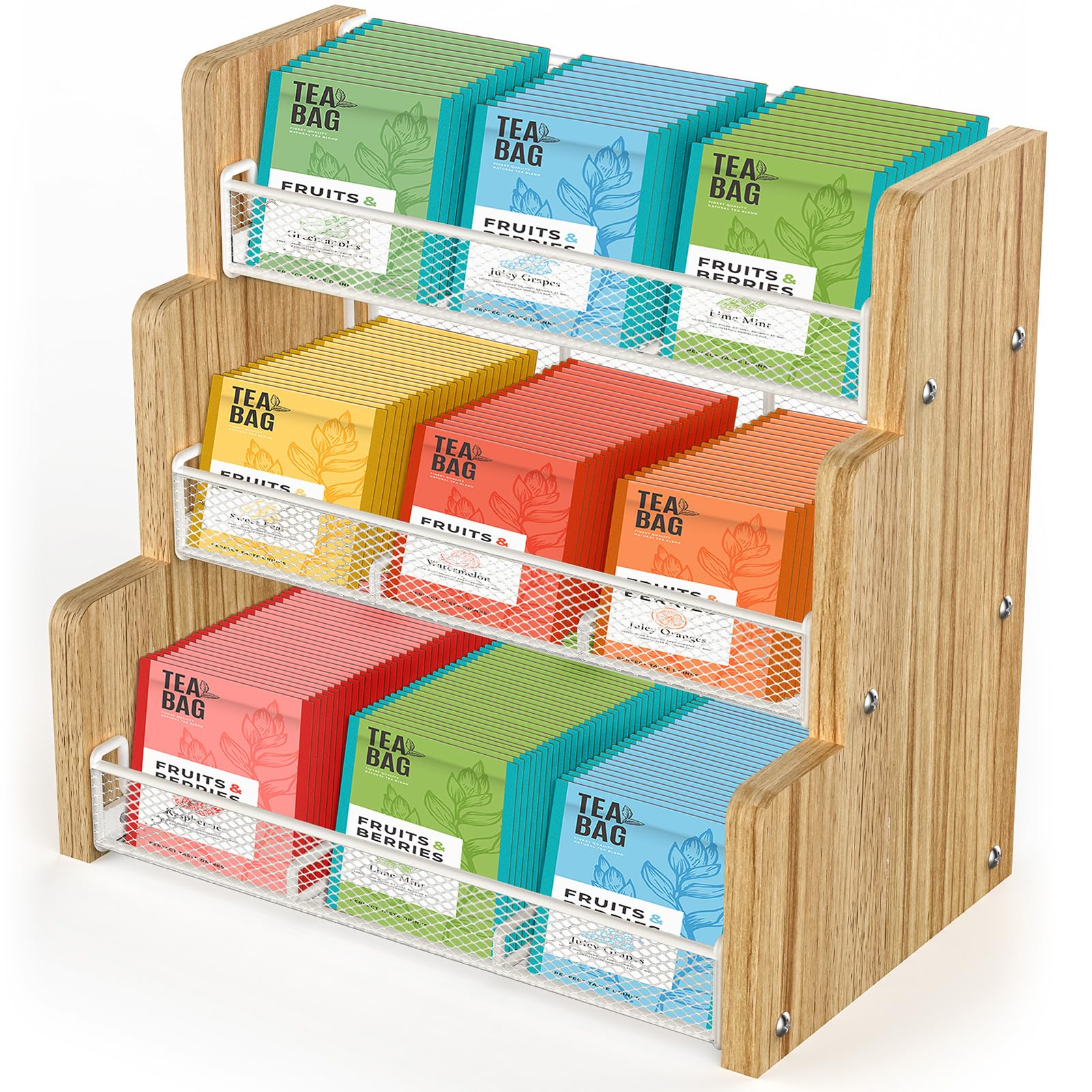 TJ.MOREE 3-Tier Solid Wood Tea Bag Organizer & Storage Box - Perfect for Tea, Coffee, Sugar Packets & Creamers - Ideal for Kitchen Countertop, Office, Cabinet Pantry & Home Organization (White)