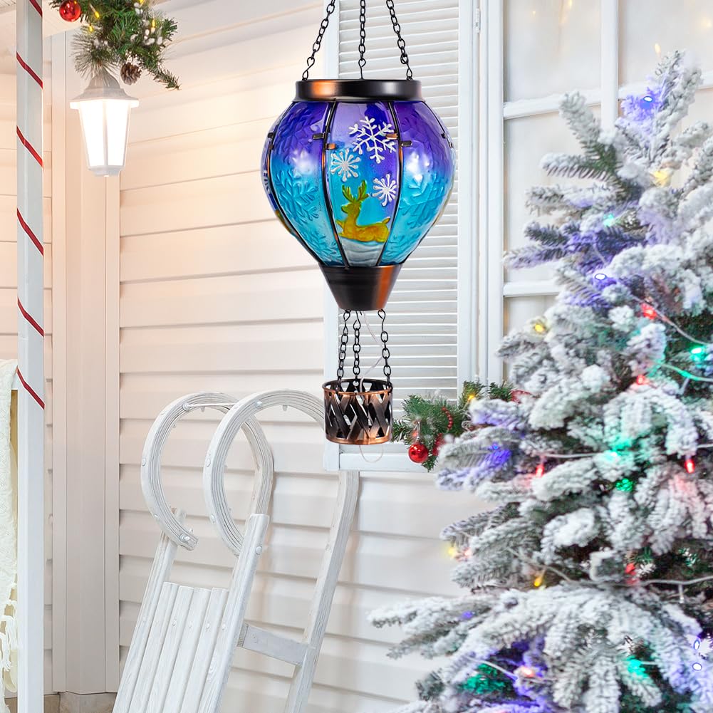 Solar Powered Hanging Lantern - Hot Air Balloon & Deer Design Outdoor Christmas Decor for Porch, Patio, Garden - Weatherproof LED Solar Light for Holiday & Party Decoration