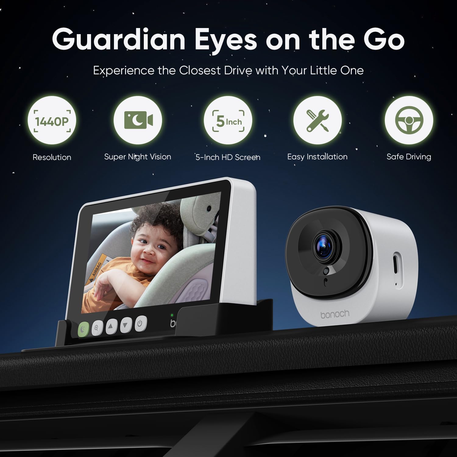 Bonoch 5'' 1440P Baby Car Camera - Rear Facing Car Seat Monitor with Night Vision & 4X Zoom, USB Powered Backseat Camera for Infants (Includes Charger) | Perfect for Road Trips, Night Driving & Keeping an Eye on Your Baby in the Car