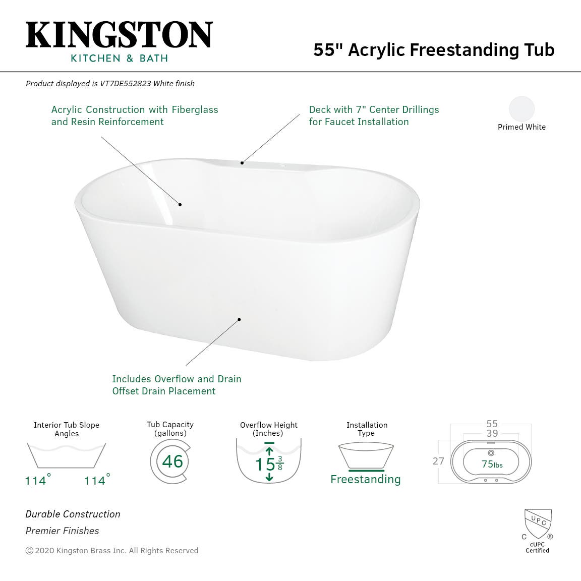 55 Inch Acrylic Freestanding Bathtub with Faucet Deck - Modern Soaking Tub for Luxury Bathroom, Spa Relaxation & Home Decor