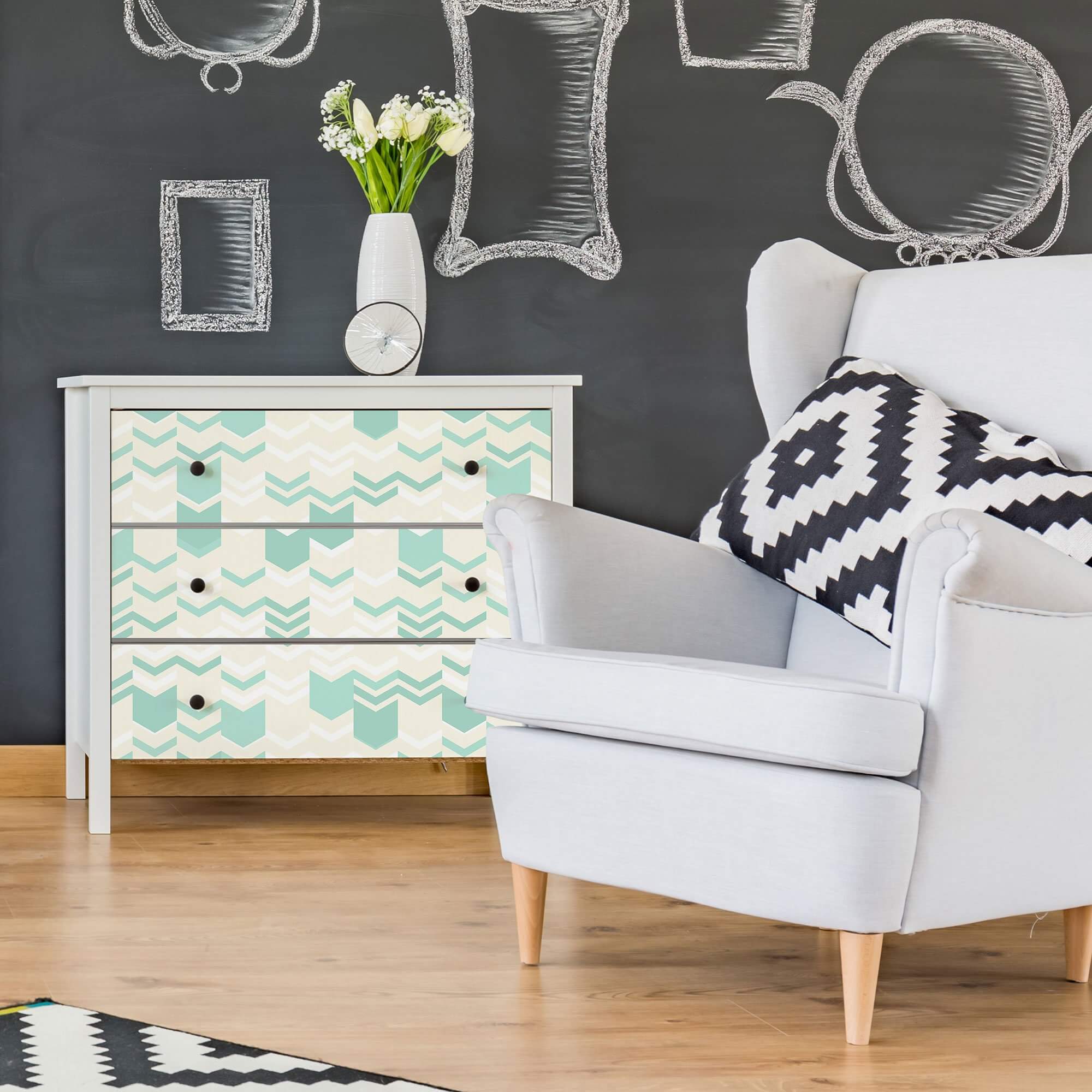 Teal and Beige Chevron Geometric Peel and Stick Removable Wallpaper - Self-Adhesive Decorative Wall Covering for Bedroom, Living Room, and Office Decor