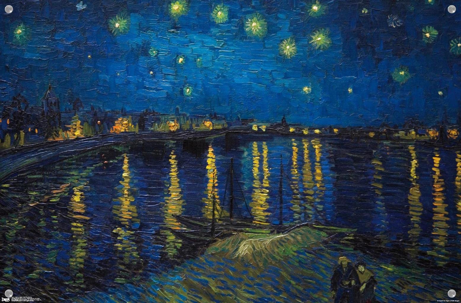 Starry Night over The Rhone Canvas Wall Art - Van Gogh Inspired Painting Poster with Push Pins - Perfect for Home, Office & Classroom Decor