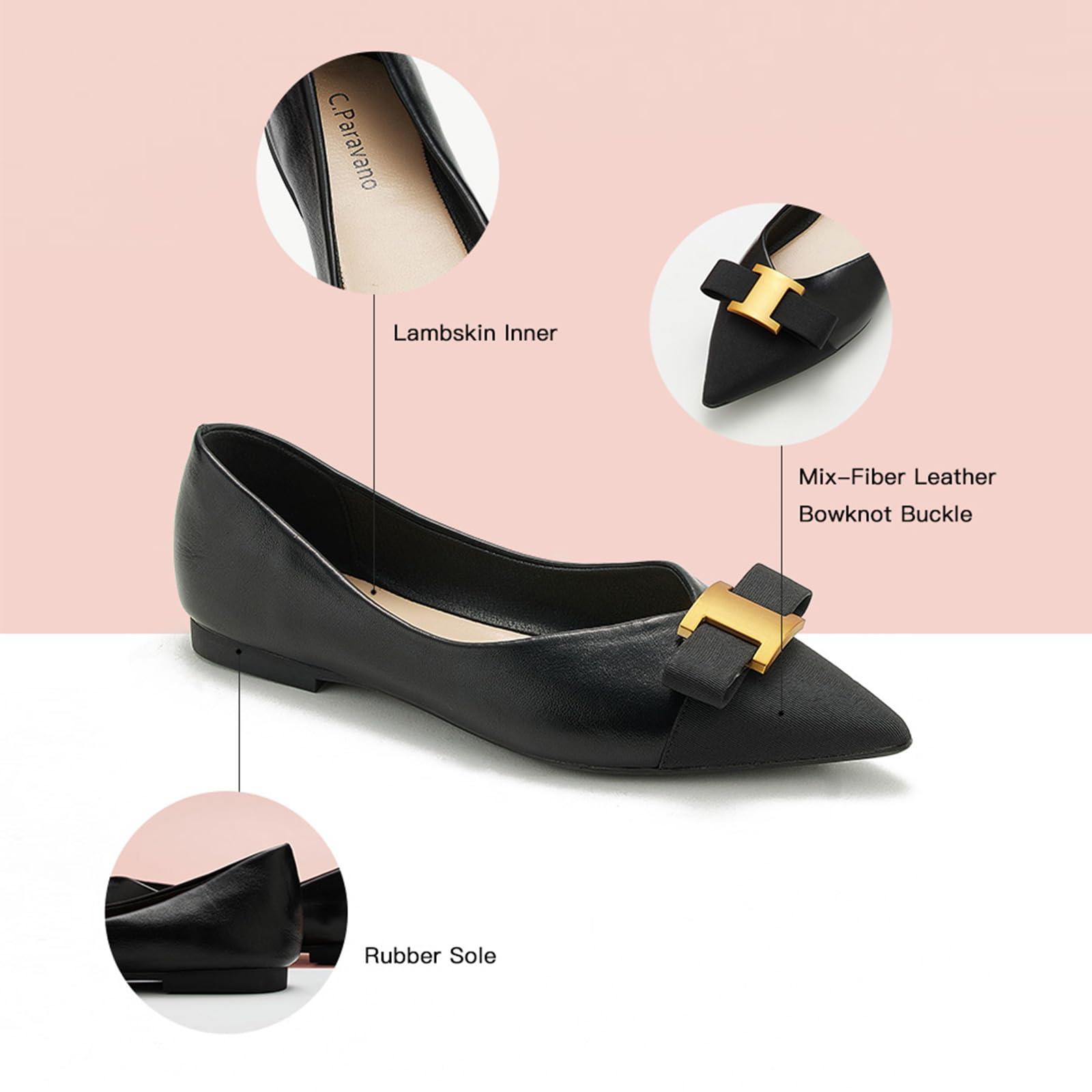 C.Paravano Women's Leather Pointed Toe Ballet Flats - Slip On Dressy Shoes for Work, Office & Wedding - Comfortable Women's Flats for Everyday Wear