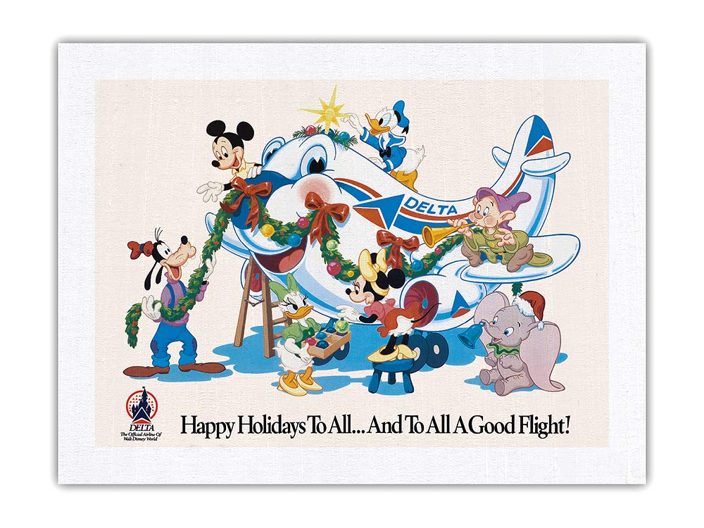 Vintage 1960s Mickey Mouse & Disney Characters Holiday Travel Poster - Delta Air Lines Official Disney World Airline - 100% Pure Silk Dupioni Fabric Print 24x32 Inches - Perfect for Disney Collectors, Home Decor & Vintage Travel Enthusiasts