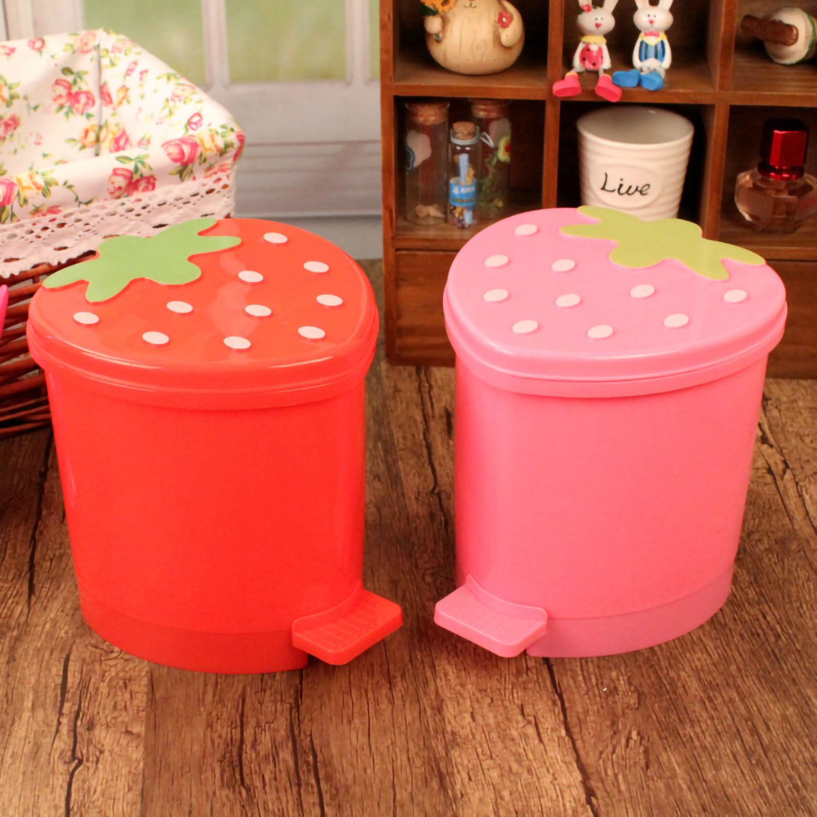 Strawberry Shaped Trash Can - 1 Gallon Cute Small Plastic Waste Bin for Bedroom, Office & Desk - Includes 0.3 Gallon Mini Garbage Can & 5 Rolls Trash Bags - Kawaii Room Decor for Girls, Dorm, Bathroom & Kitchen Organization
