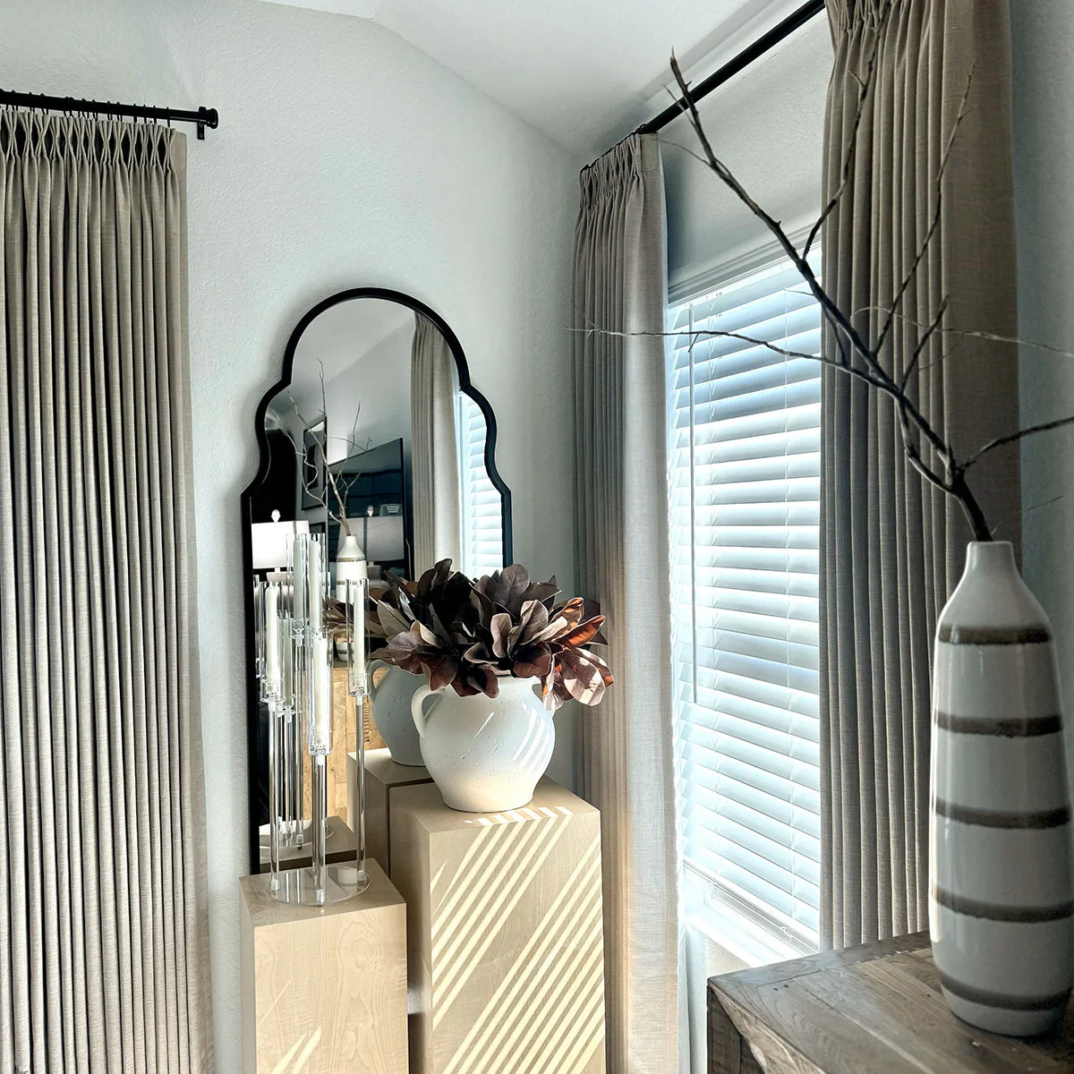 Pinch Pleated Blackout Curtains - 100% Linen Custom Drapes in Grey & Beige | Modern Thermal Insulated Window Treatments for Living Room & Bedroom