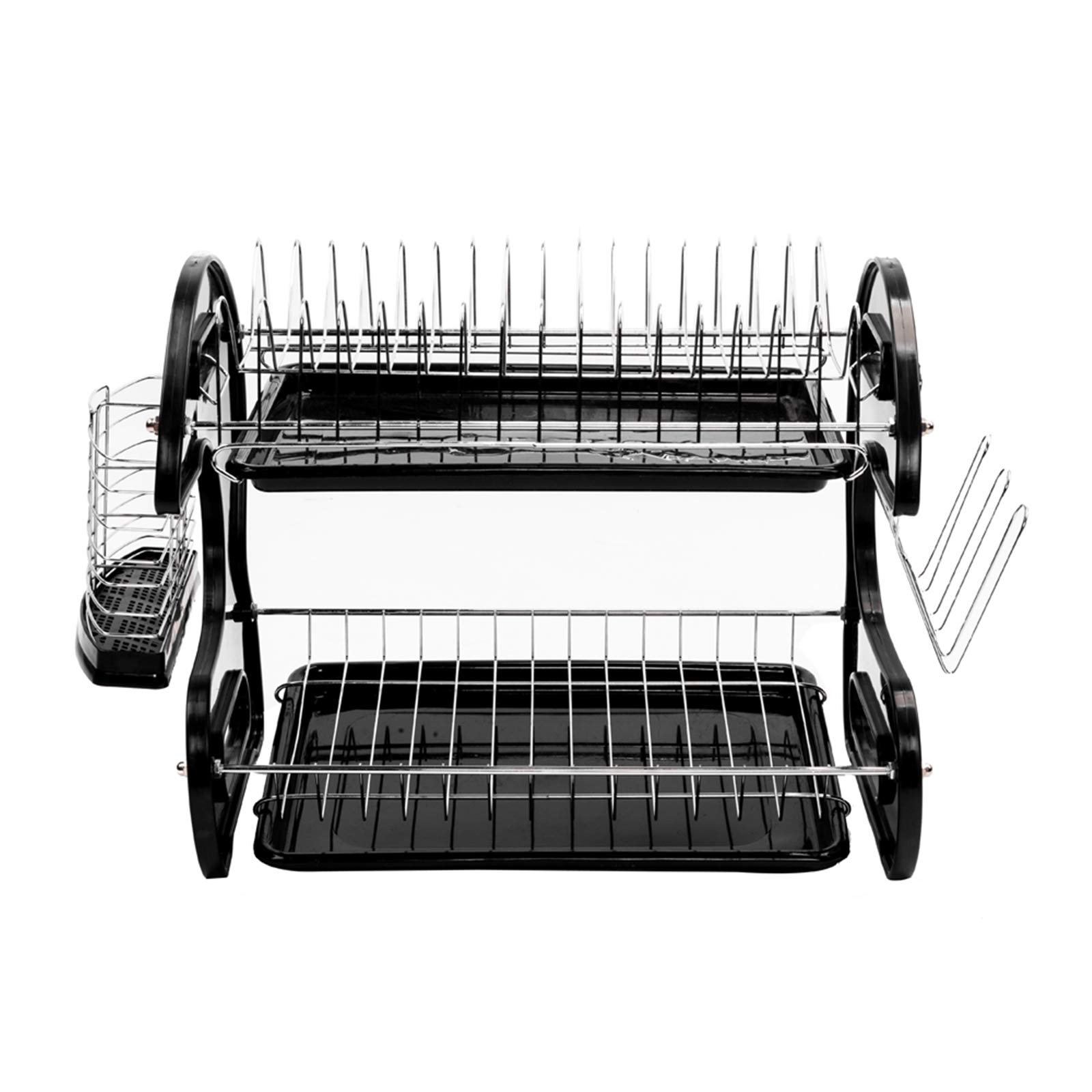 2-Tier Plastic Dish Drying Rack with Drainboard & Utensil Holders - Space Saving Kitchen Counter Organizer for Plates, Cups & Cutlery (Black/Silver, 17.3