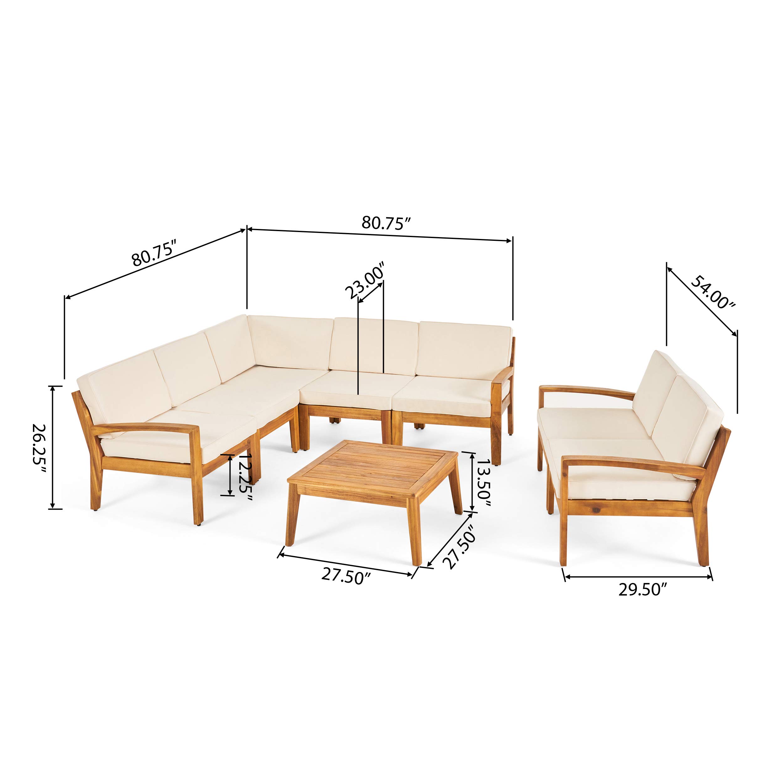 Premium 7-Piece Acacia Wood Patio Sectional Sofa Set with Cushions & Coffee Table - Weather-Resistant Teak Finish & Cream Cushions for Outdoor Lounge, Garden, Poolside or Deck Relaxation