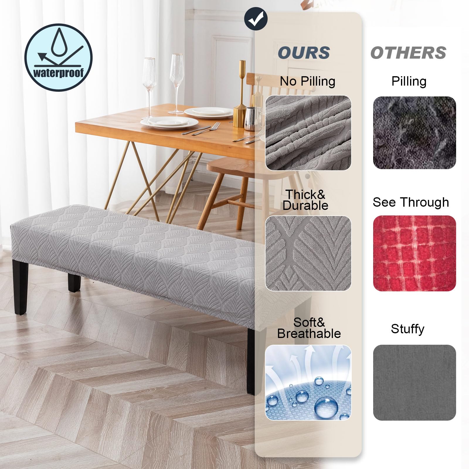 Waterproof Stretch Jacquard Bench Seat Cover - Washable & Removable Dining Room Bench Protector for Bedroom, Living Room, Kitchen - Light Grey | Perfect for Home Decor & Furniture Protection