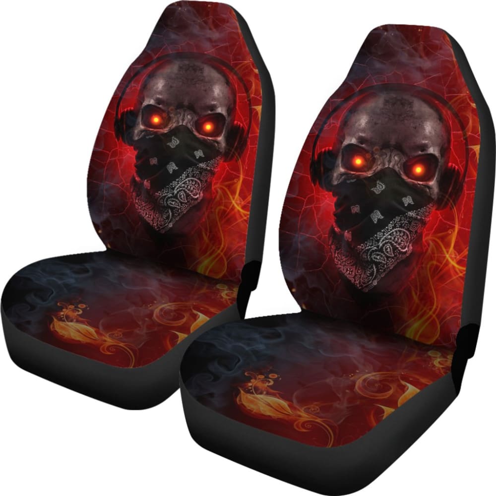 Gothic Skull Car Seat Covers with Red Fire Music Headphones - Punk Rock Style Auto Accessories for Music Lovers & Car Enthusiasts - Perfect for Road Trips, Concerts, and Gothic-Themed Vehicles