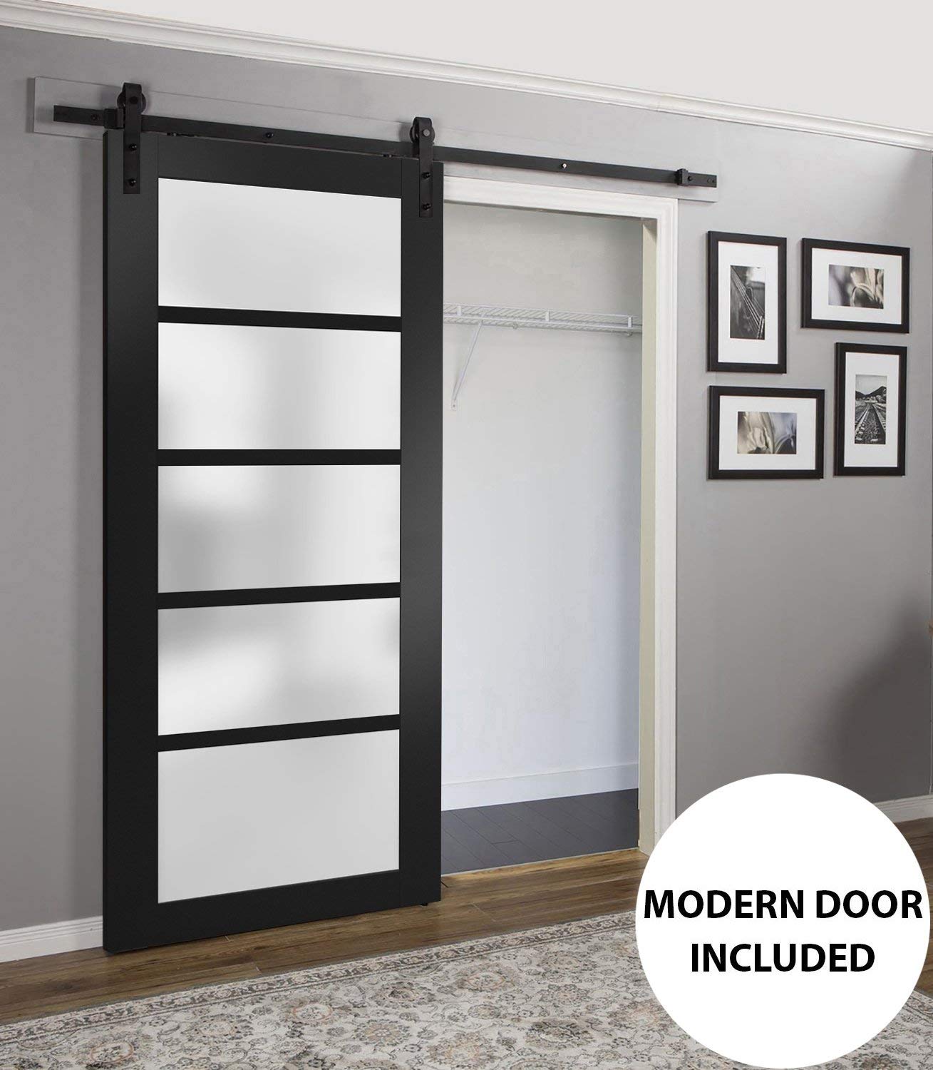 SARTODOORS 30x80 Inch Frosted Glass Barn Door with Matte Black Quadro 4002 Hardware - Heavy Duty Top Mount 6.6FT Rail System for Interior Sliding Doors | Perfect for Bedrooms, Closets & Room Dividers