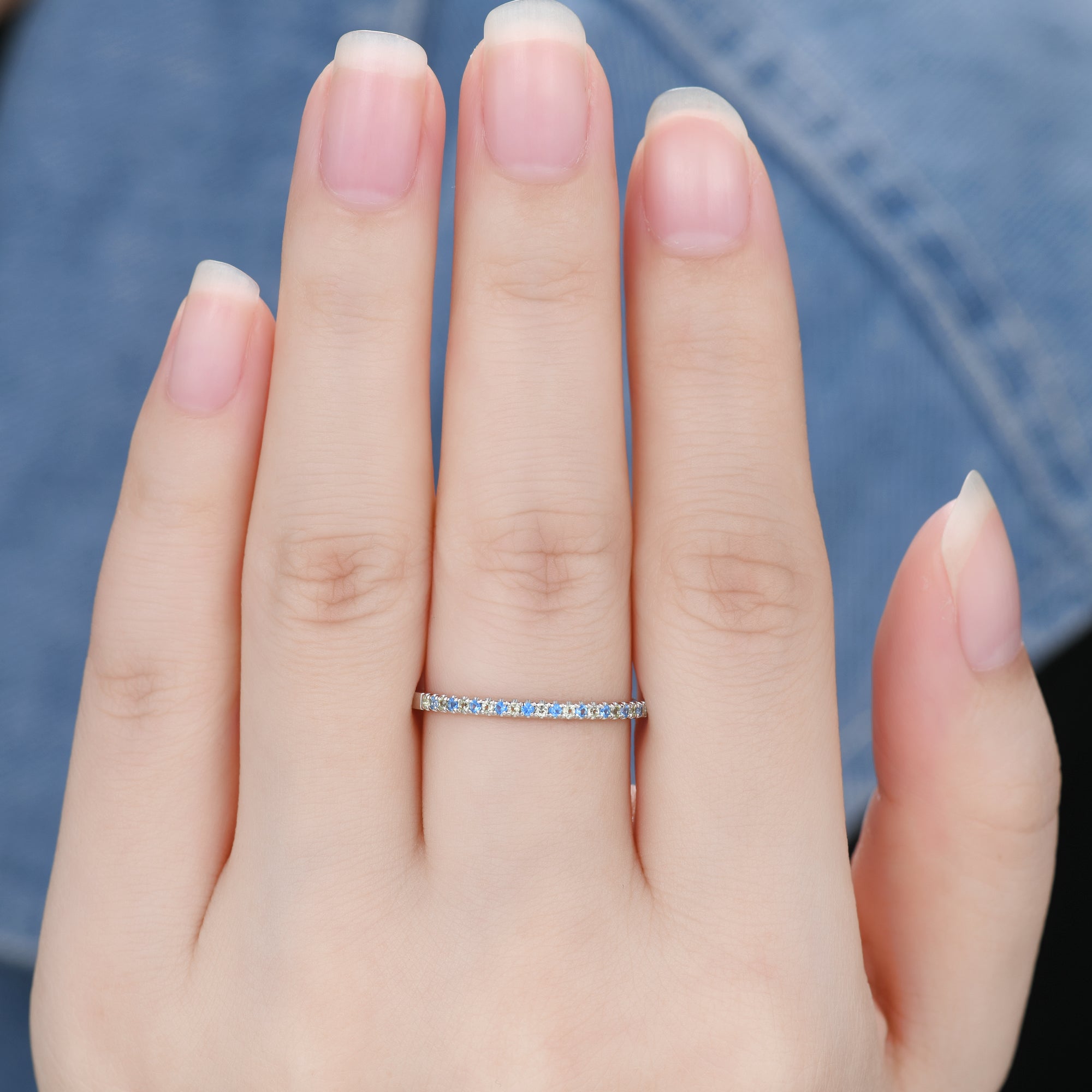 Petite Topaz Peridot White Gold Half Eternity Wedding Band Pave Stacking Ring for Women - Dainty Stackable Engagement Ring, Anniversary Gift for Her - Perfect for Bridal Jewelry, Everyday Wear & Special Occasions