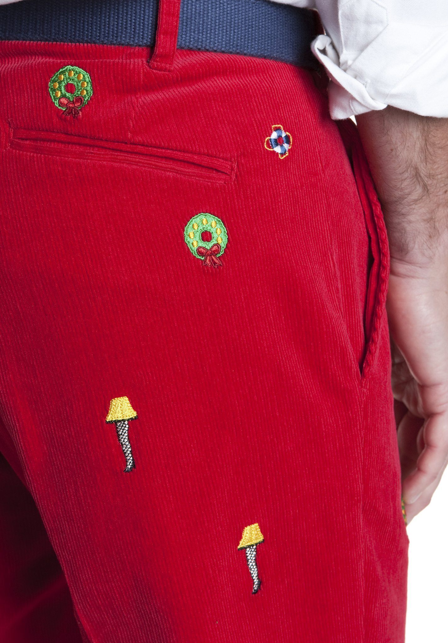 Beachcomber Corduroy Pants for Men - Crimson Red Casual Trousers with Leg Lamp Design | Perfect for Outdoor Adventures, Travel & Relaxing