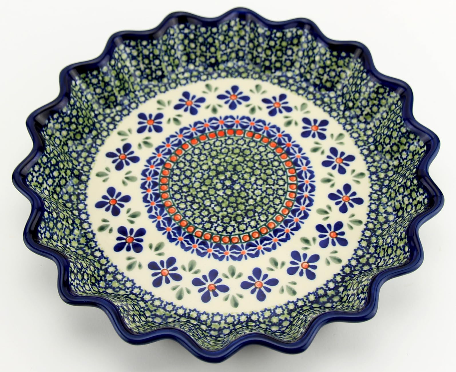 Boleslawiec Polish Pottery Scalloped Pie Dish - Handmade Mosaic Flower Quiche Pan - Authentic Ceramic Baking Dish for Pies, Quiches & Casseroles - Perfect for Holiday Baking & Rustic Kitchen Decor
