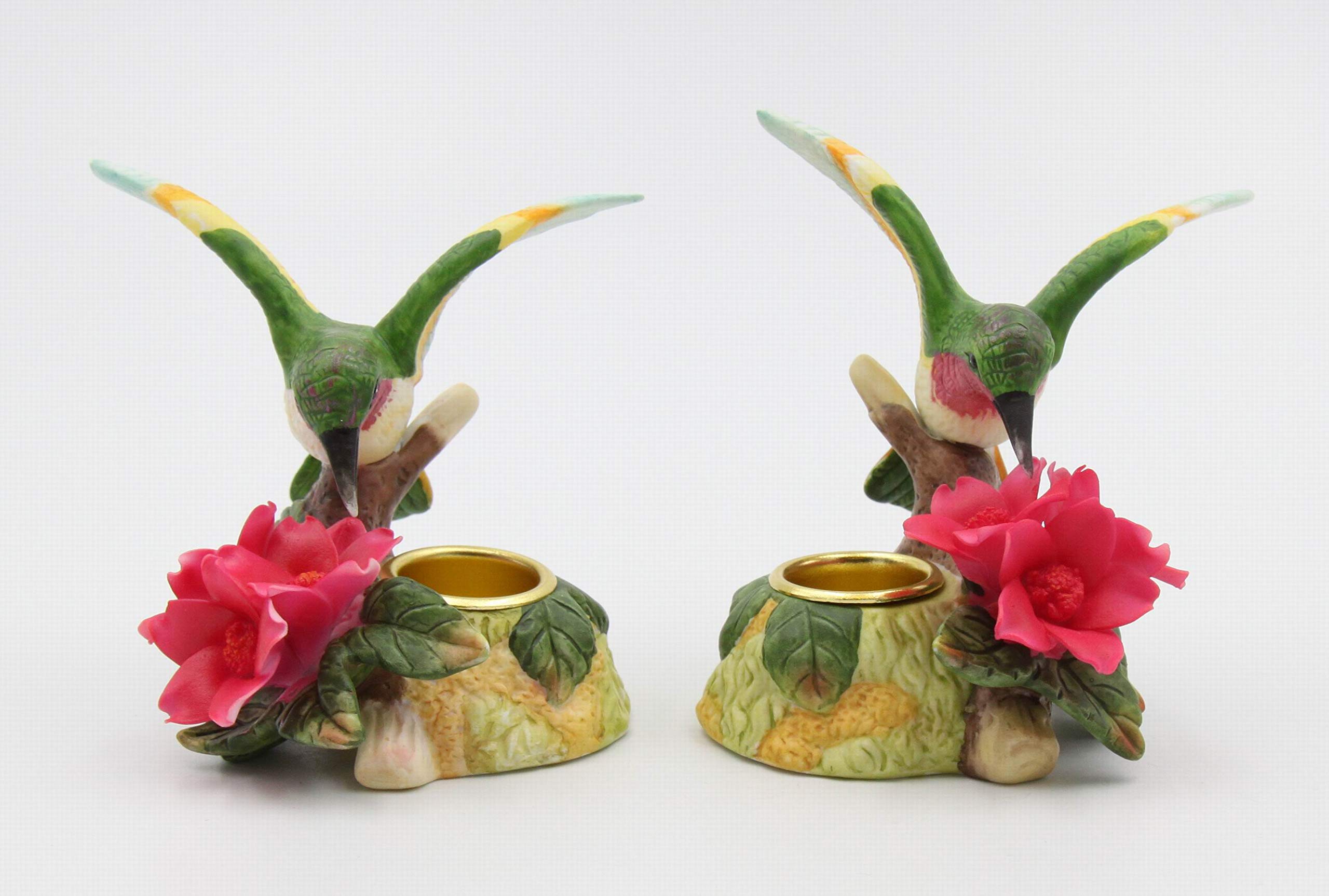 Elegant Fine Porcelain Hummingbird & Red Malus Flower Taper Candle Holders - Set of 2 (3.5