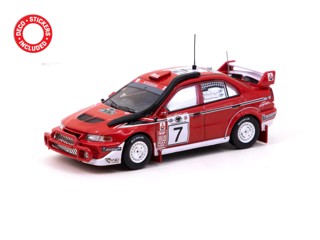 Tarmac Works 1:64 Scale Mitsubishi Lancer Evolution 6.5 Diecast Model Car - 2001 Safari Rally Winner Tommi Mäkinen & Risto Mannisenmäki - Perfect for Collectors, Display, and Racing Enthusiasts