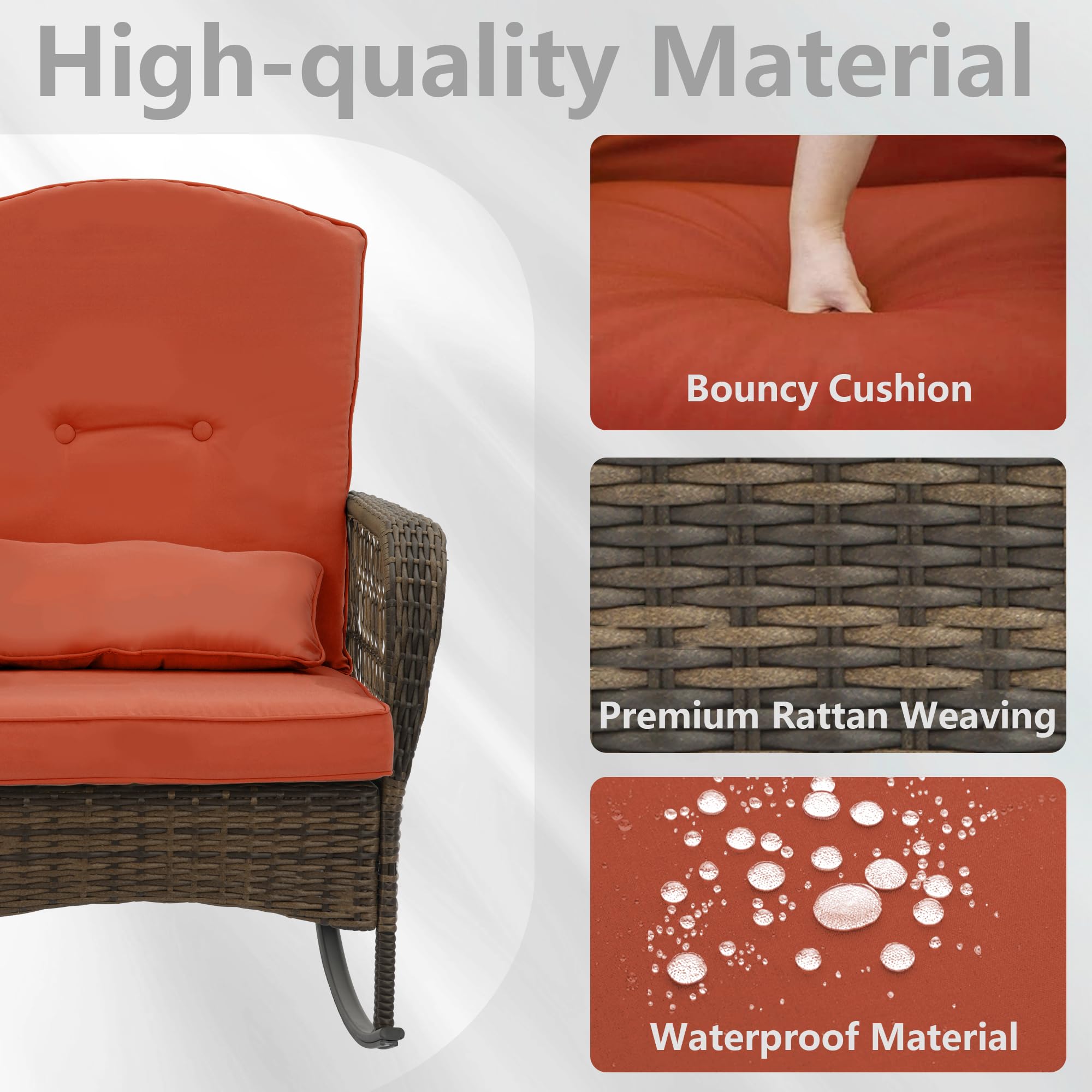 Outdoor Wicker Rocking Chairs Set of 3 - Rattan Patio Furniture with Cushions & Side Table - Perfect for Garden, Porch, Balcony, Yard & Outdoor Relaxation