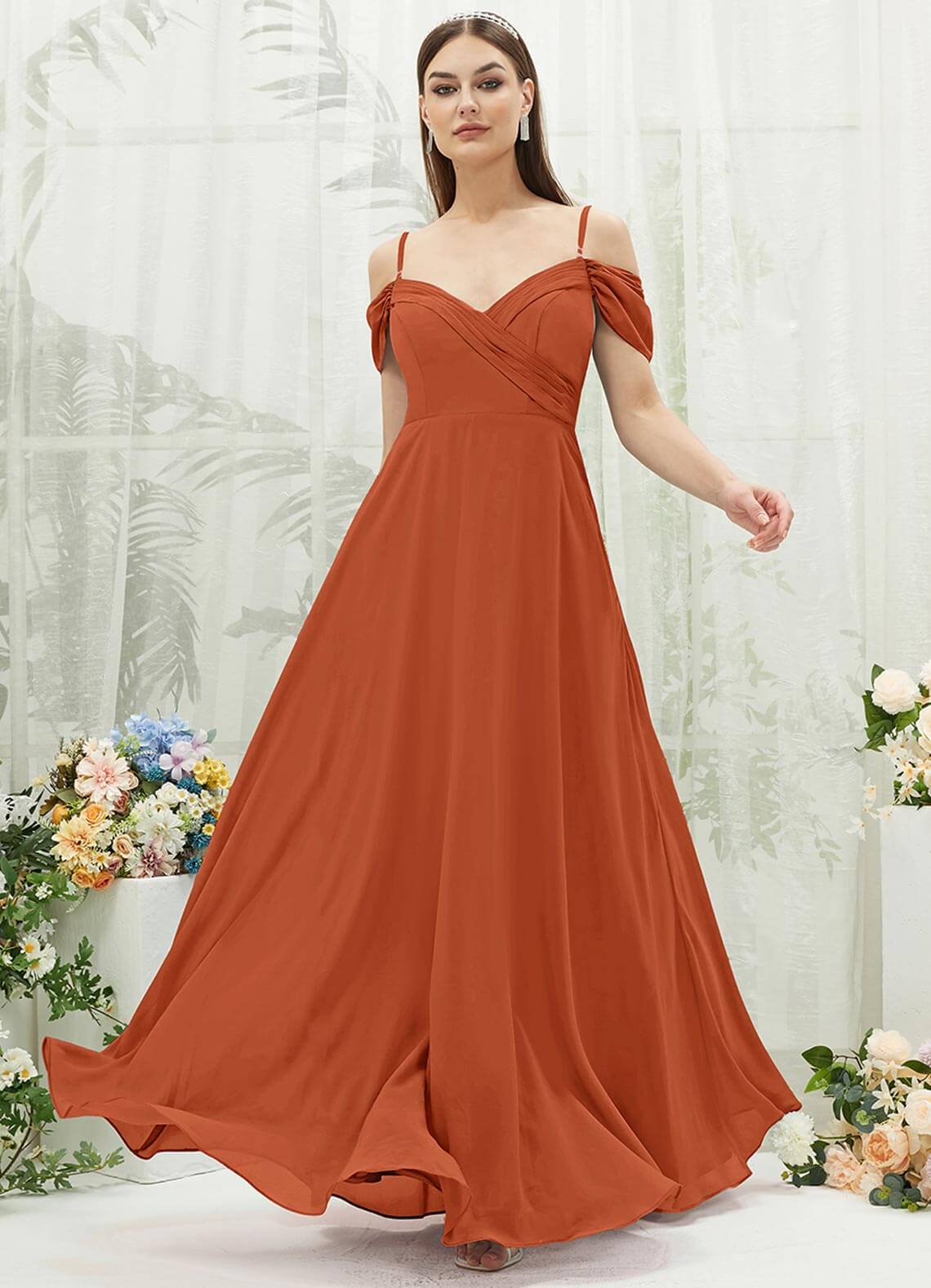 Elegant Burnt Orange Chiffon Cold Shoulder Sweetheart Bridesmaid Dress with Pockets - Perfect for Weddings, Parties & Formal Events