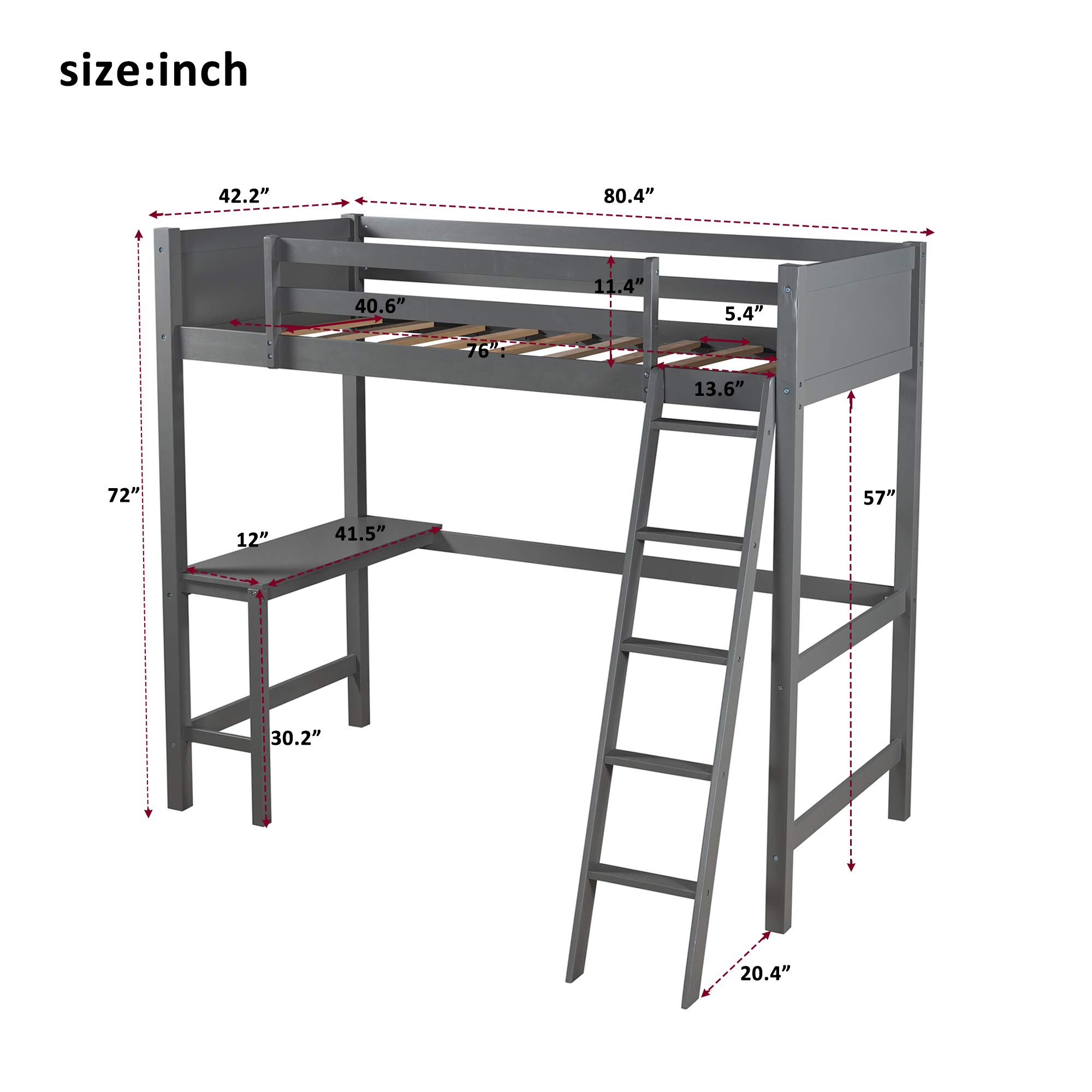 Merax Twin Size Loft Bed with Study Desk - Sturdy Wooden Bunk Bed Frame with Safety Ladder & Guardrail - Space-Saving Kids/Teens Loft Bed in Gray - Perfect for Small Bedrooms, Dorm Rooms & Studio Apartments