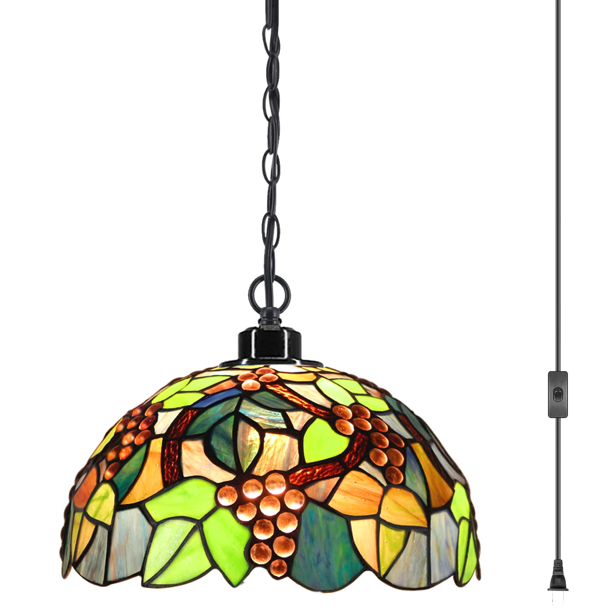 Tiffany Style Plug-in Stained Glass Swag Pendant Light - 12x12x18 Inches Hanging Lamp in Purple Grape Design | Perfect for Dining Room, Living Room, Bedroom & Kitchen Decor