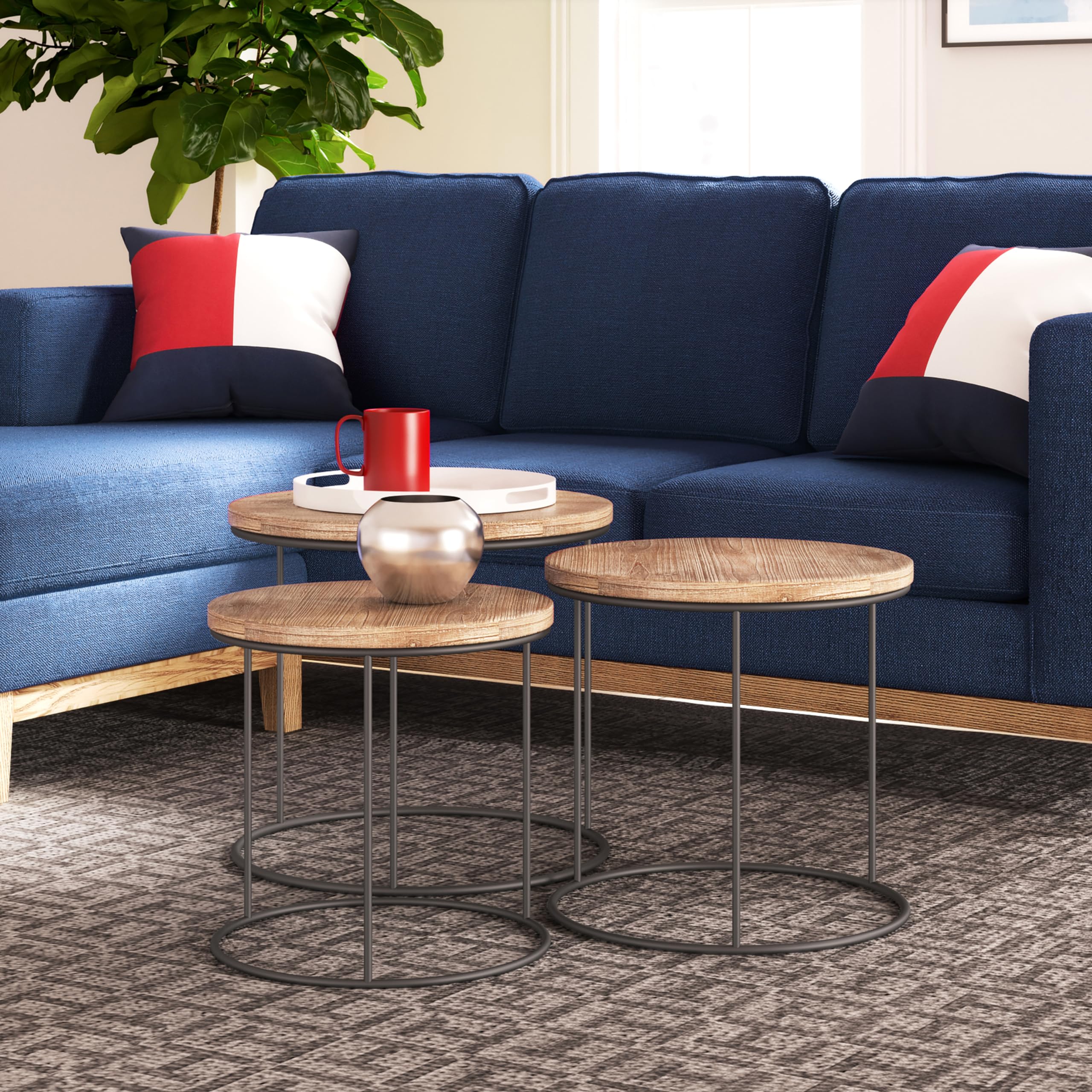 Tommy Hilfiger 3-Piece Geometric Nesting Tables Set - Round Wood & Metal Stacking End Tables, Modern Nightstands for Small Spaces - Distressed Finish | Perfect for Living Room, Bedroom & Office Decor