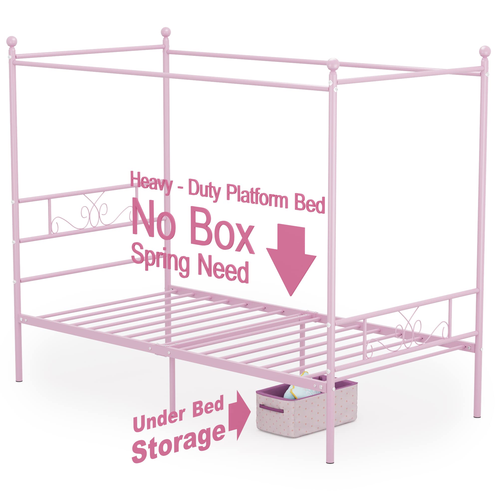 Weehom Twin Canopy Bed Frame with Headboard and Footboard - 4 Poster Metal Bed Frame for Kids & Adults - No Box Spring Needed - Sturdy Mattress Foundation Platform Bed in Pink - Perfect for Bedrooms, Guest Rooms & Dorm Decor