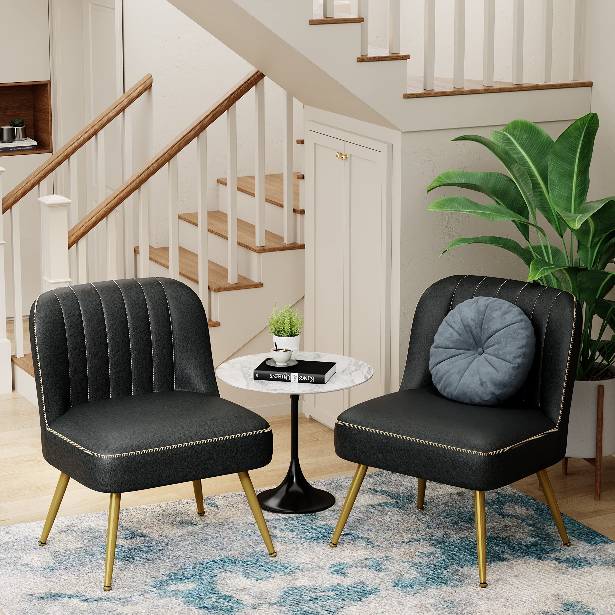 Andeworld 2-Piece Modern Accent Chair Set - Upholstered Leather Living Room Chairs, Elegant Armless Small Side Club Chairs with Golden Legs for Bedroom, Office or Lounge - Black