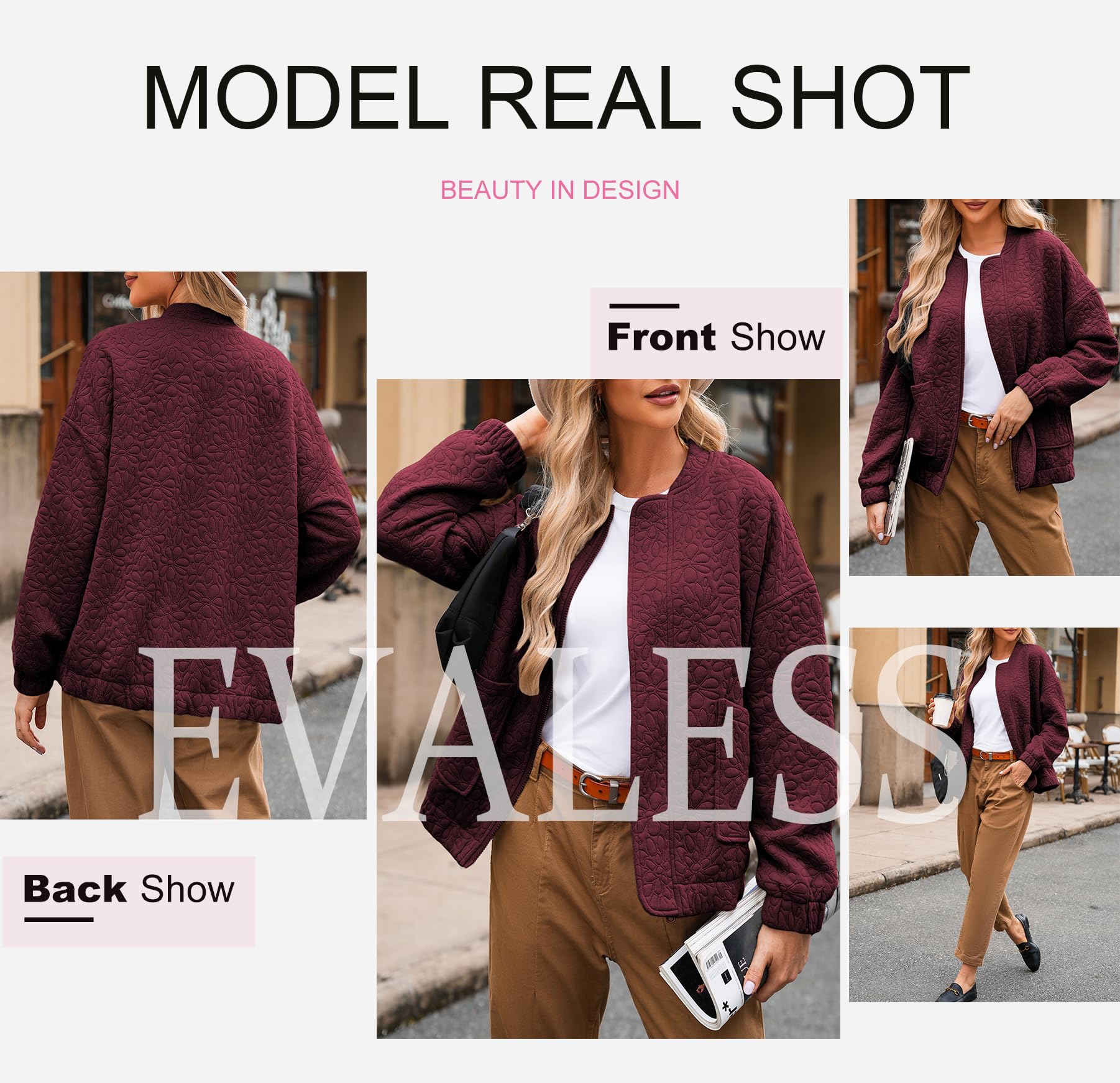 EVALESS Women's Lightweight Bomber Jacket - 2025 Spring Fashion Jacquard Coat, Zip-Up Casual Outerwear for Dressing Up or Daily Wear | Perfect for Office, Dating & Weekend Outings