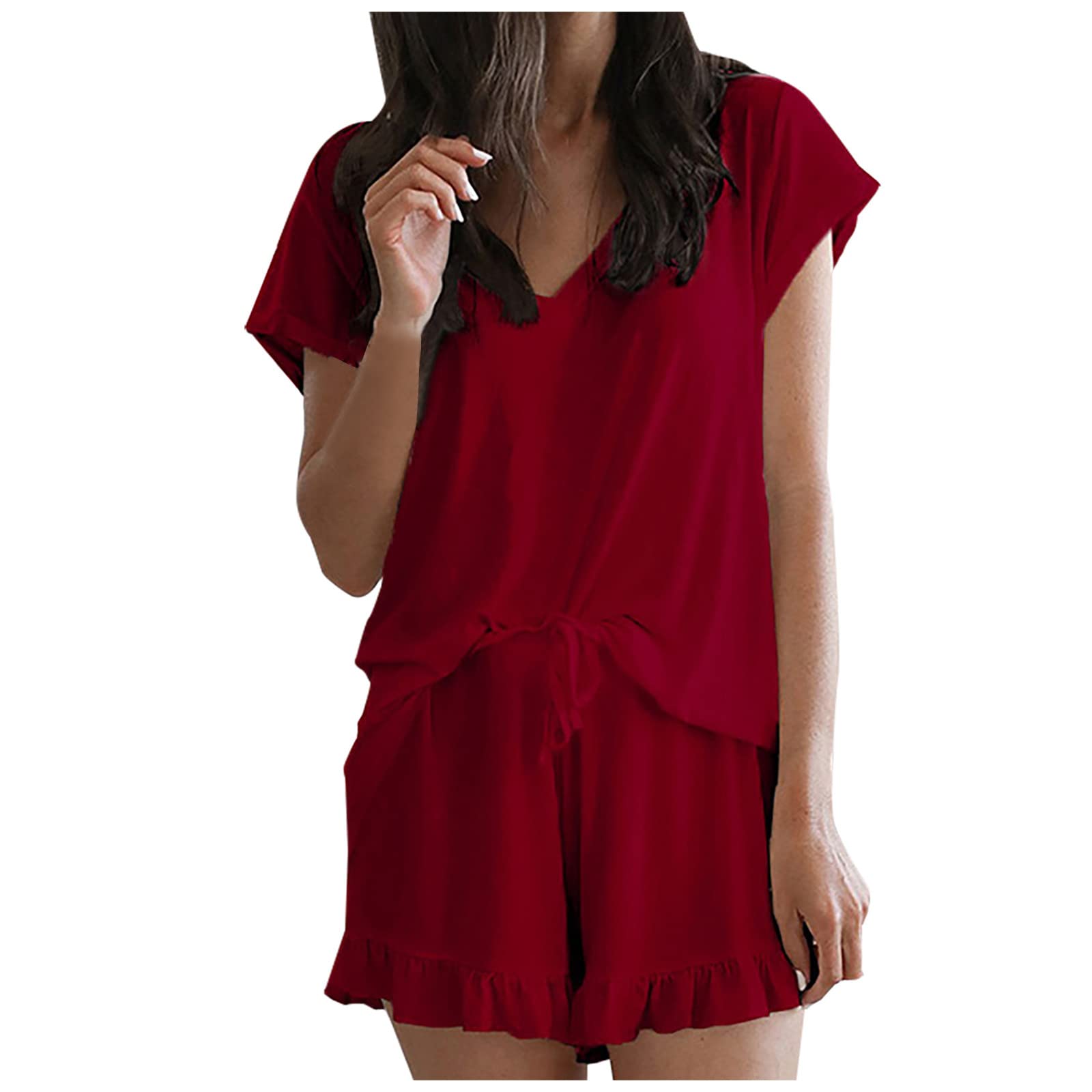 Women's 3-Piece Bra Panty Sleepwear Set - Fancy Casual V-Neck Short Sleeve Top & Bikini Shorts - Comfortable Nightwear & Lounge Wear for Women - Perfect for Sleepovers, Relaxing at Home, and Romantic Occasions
